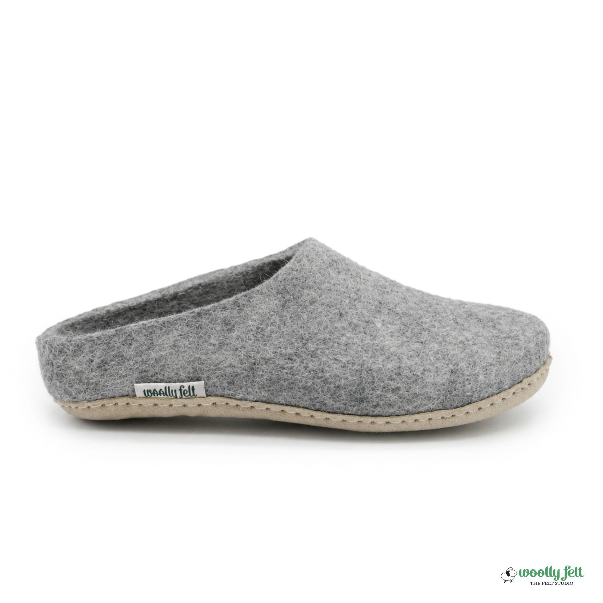 Natural Grey Handmade Wool Felt Indoor Slipper with Leather Sole