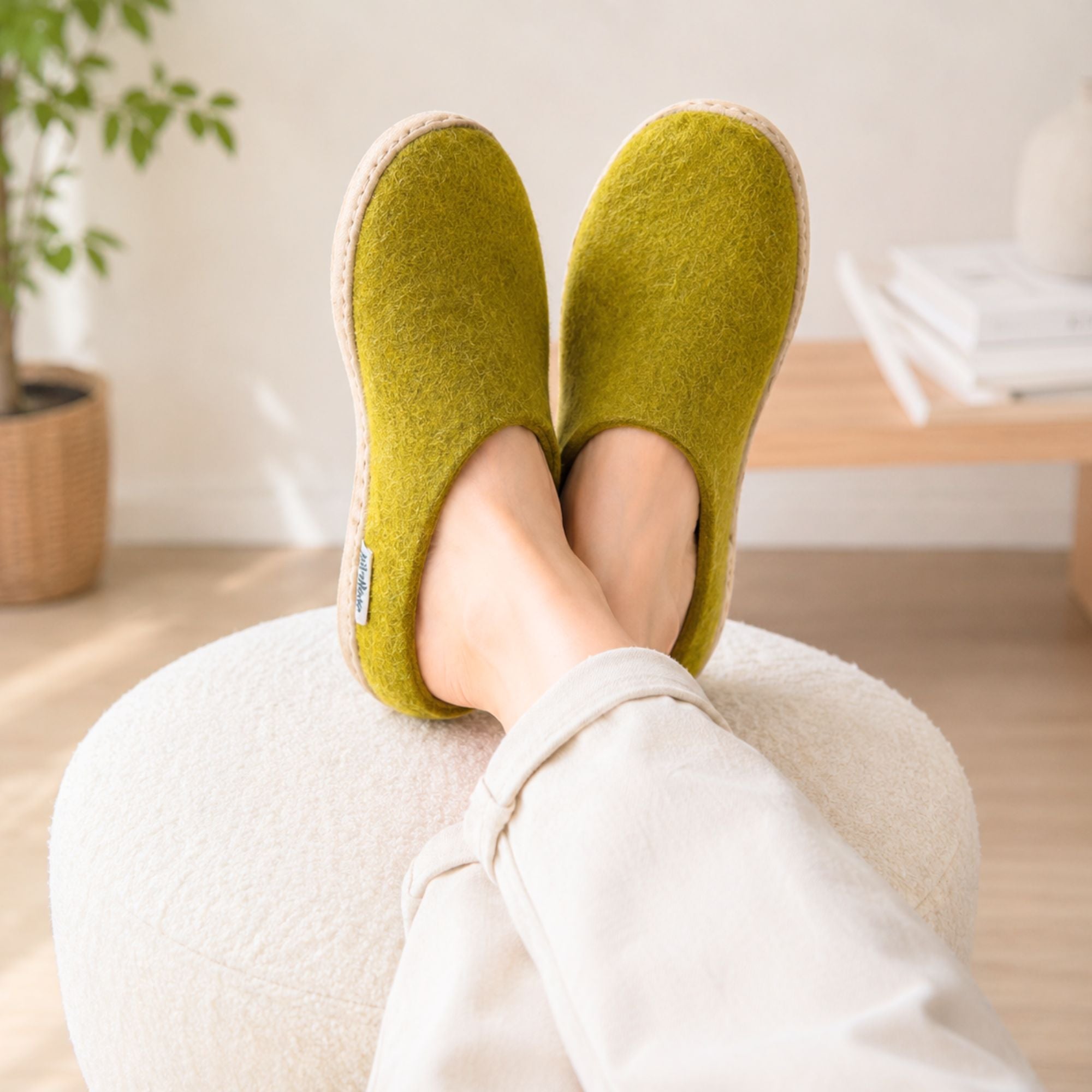 Olive Green Handmade Wool Felt Indoor Slipper with Leather Sole