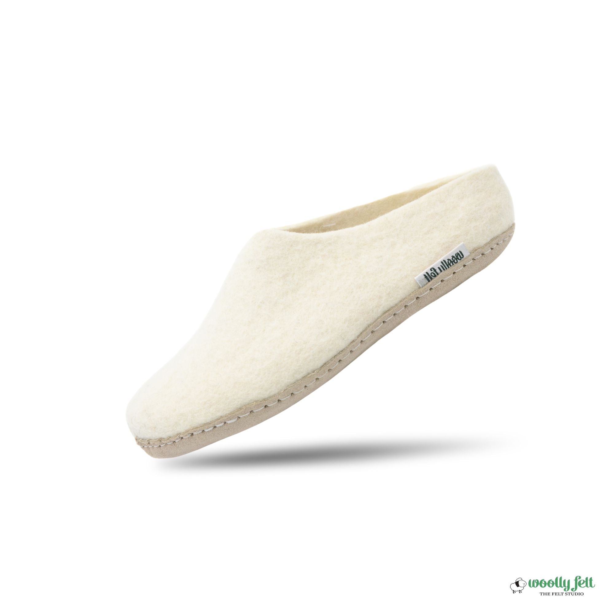 White Handmade Wool Felt Indoor Slipper with Leather Sole