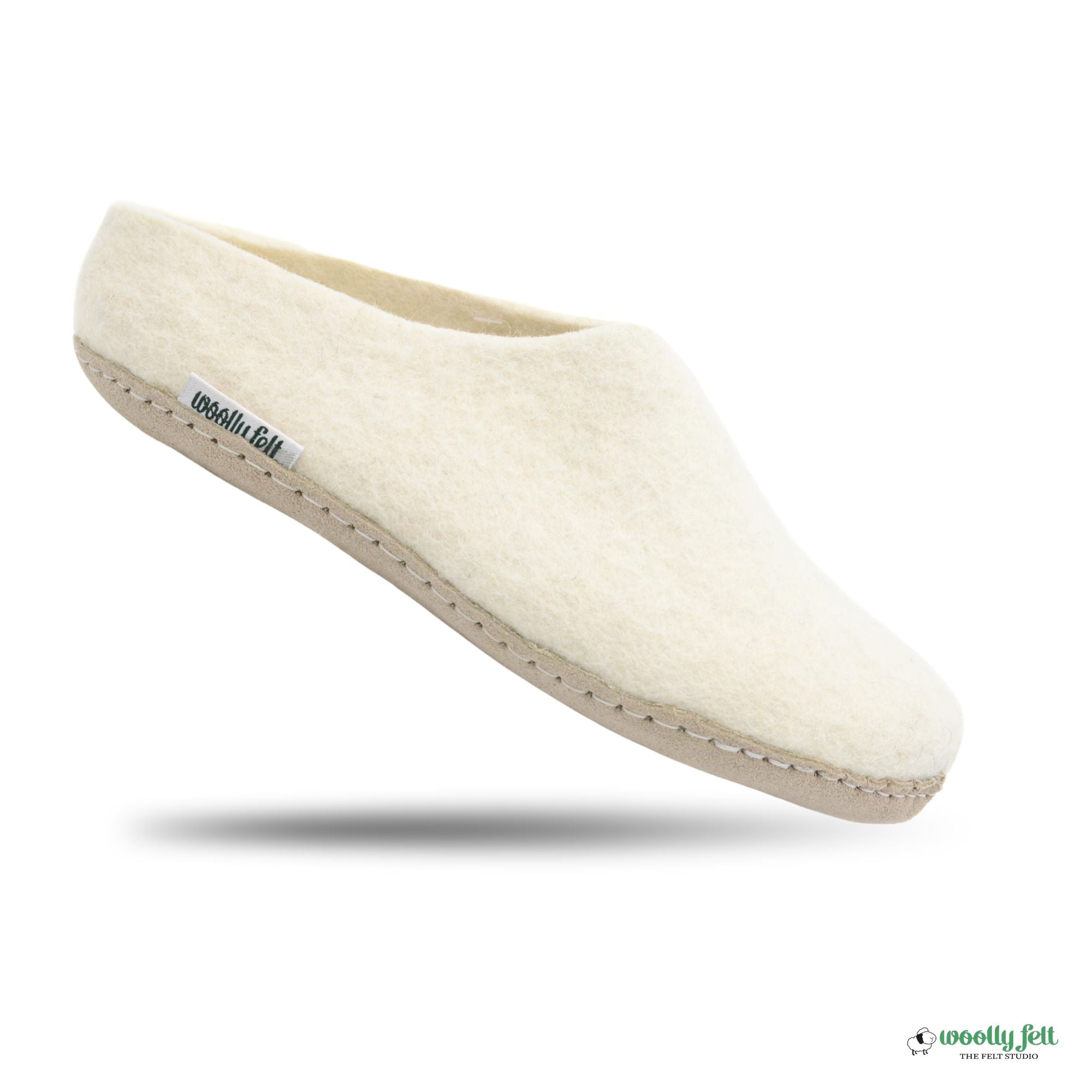 White Handmade Wool Felt Indoor Slipper with Leather Sole