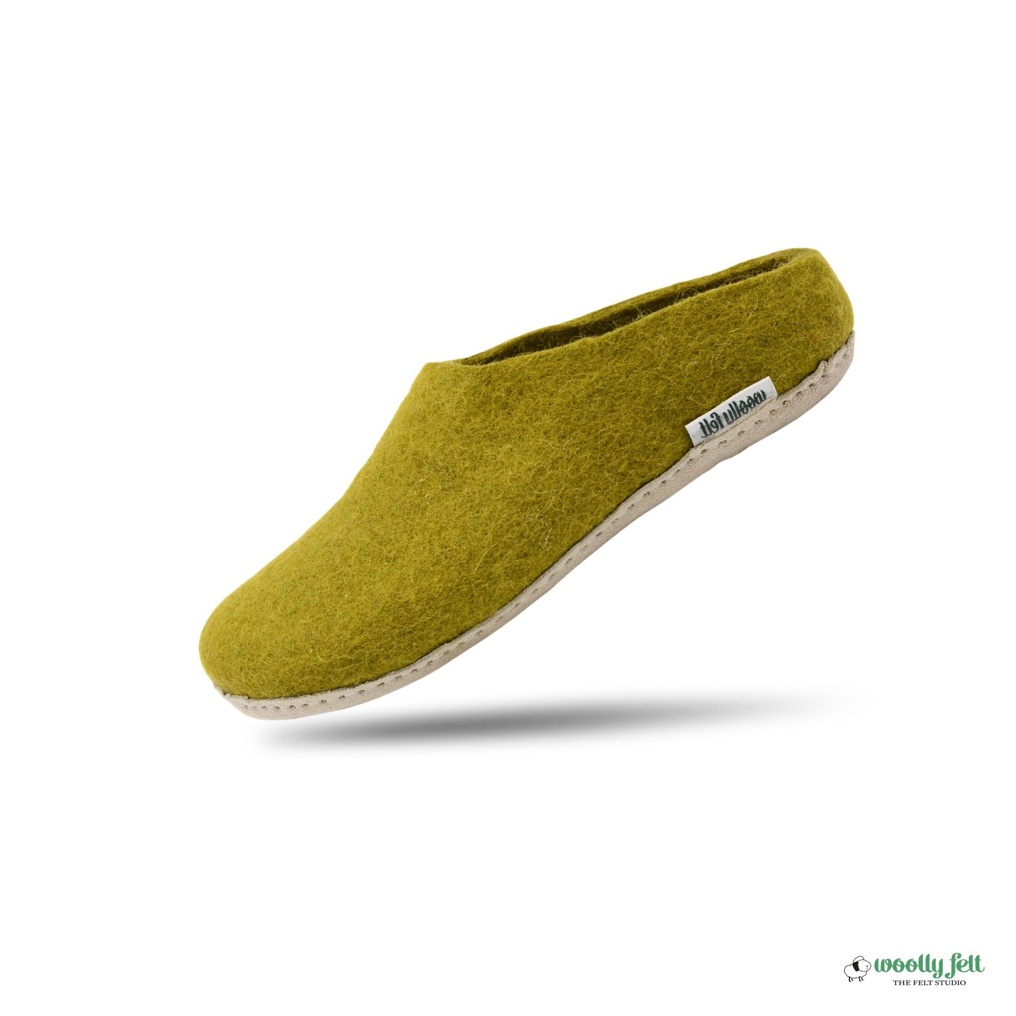 Olive Green Handmade Wool Felt Indoor Slipper with Leather Sole