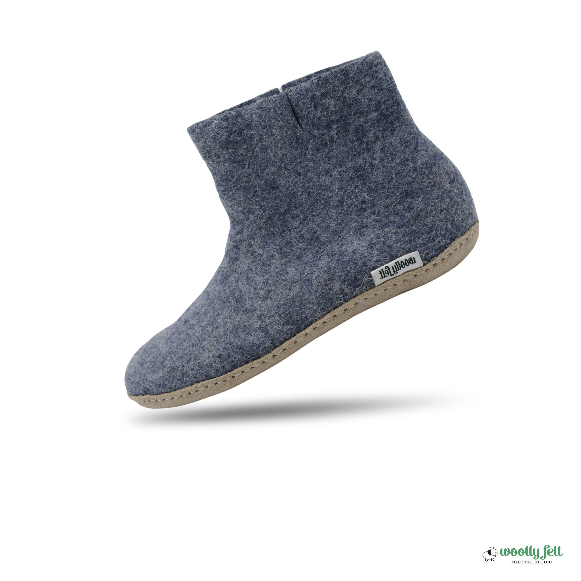 Denim Blue Handmade Wool Felt Indoor Boot with Leather Sole