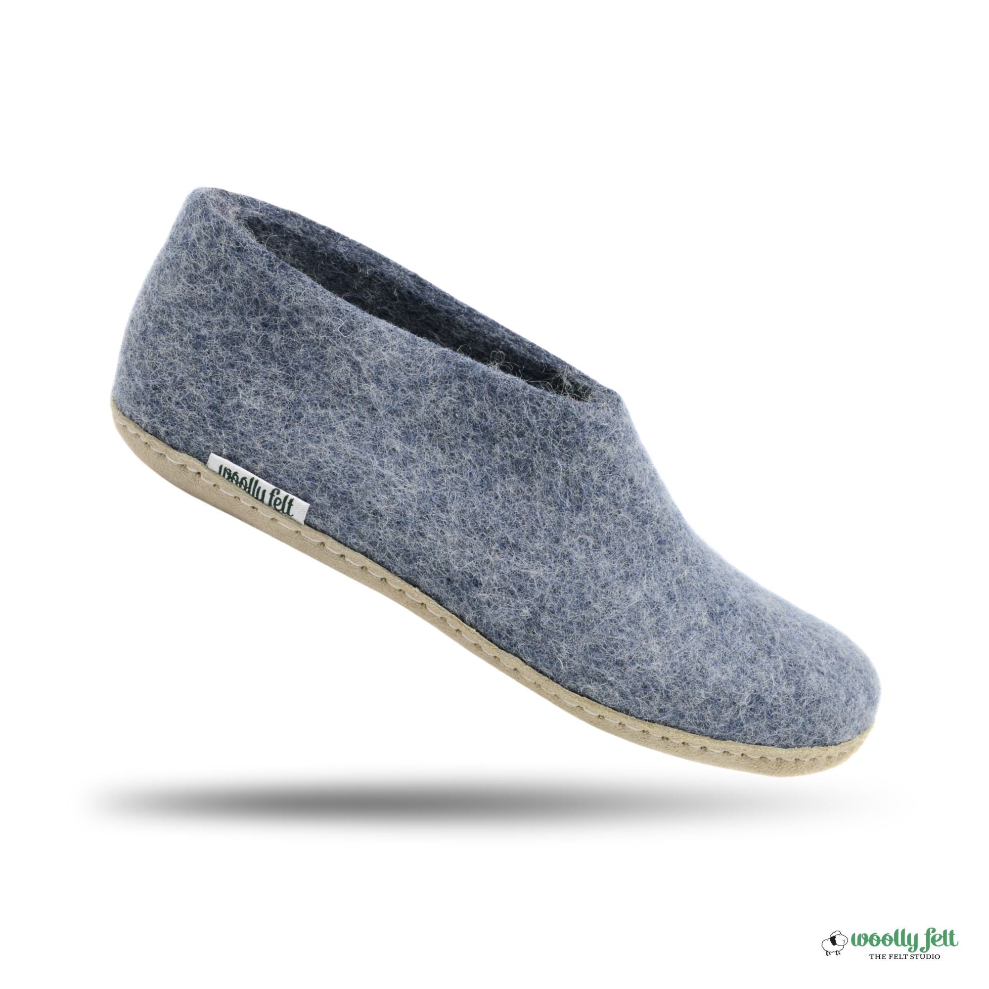 Denim Blue Handmade Wool Felt Indoor Shoes with Leather Sole