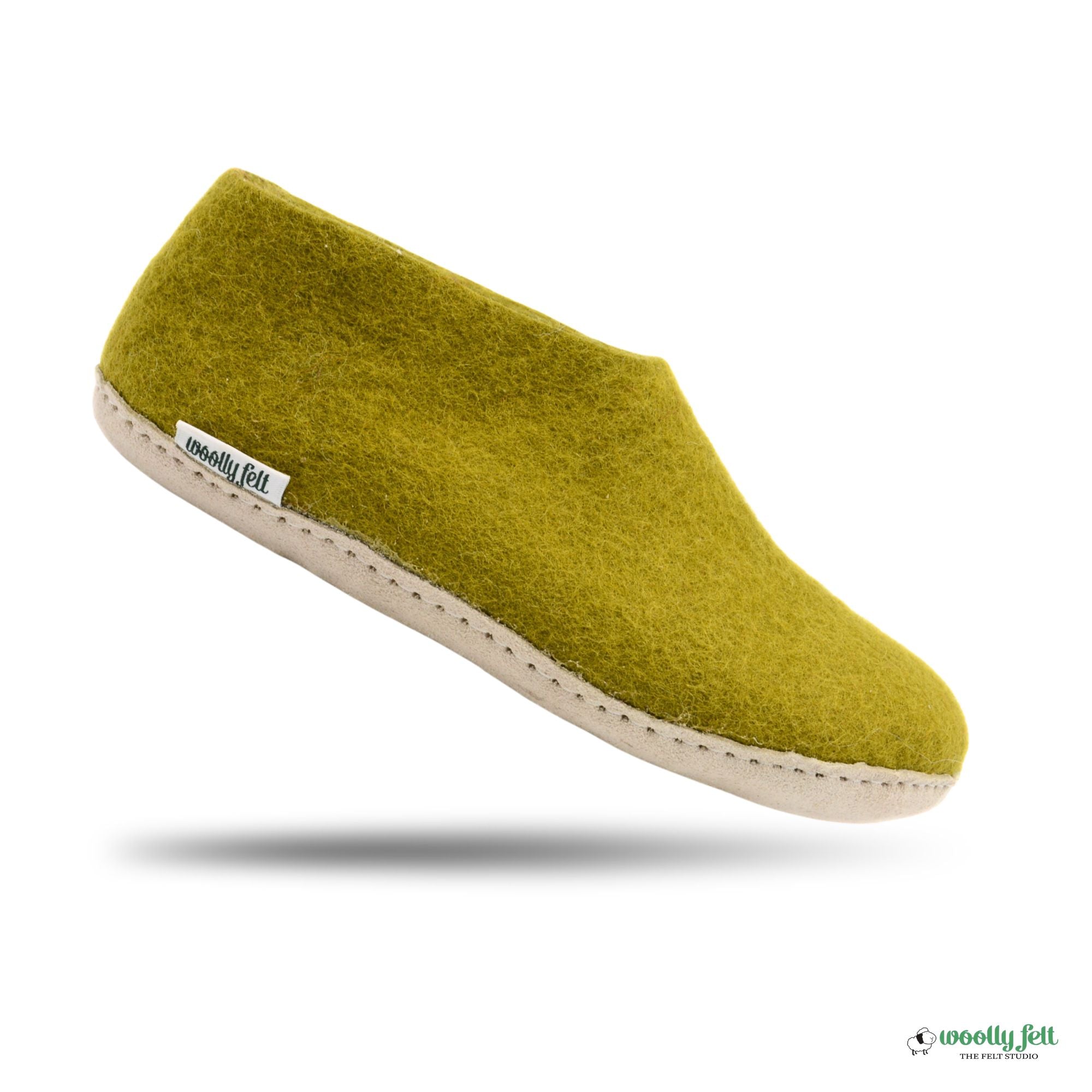 Olive Green Handmade Wool Felt Indoor Shoes with Leather Sole