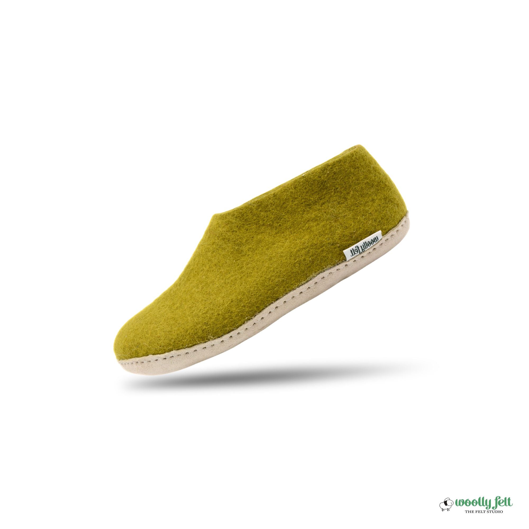 Olive Green Handmade Wool Felt Indoor Shoes with Leather Sole