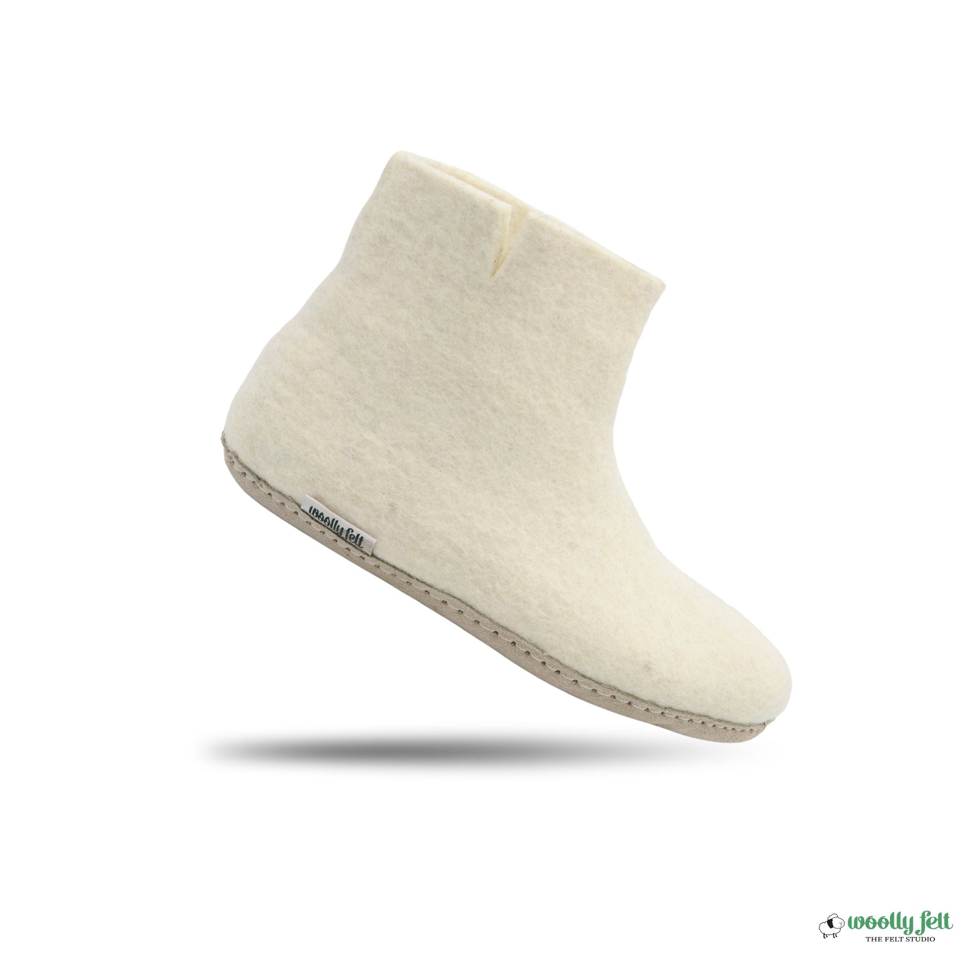 White Handmade Wool Felt Indoor Boot with Leather Sole
