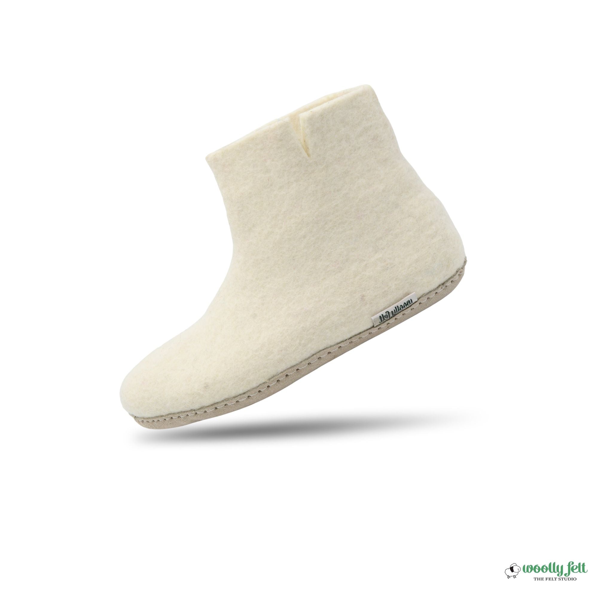 White Handmade Wool Felt Indoor Boot with Leather Sole
