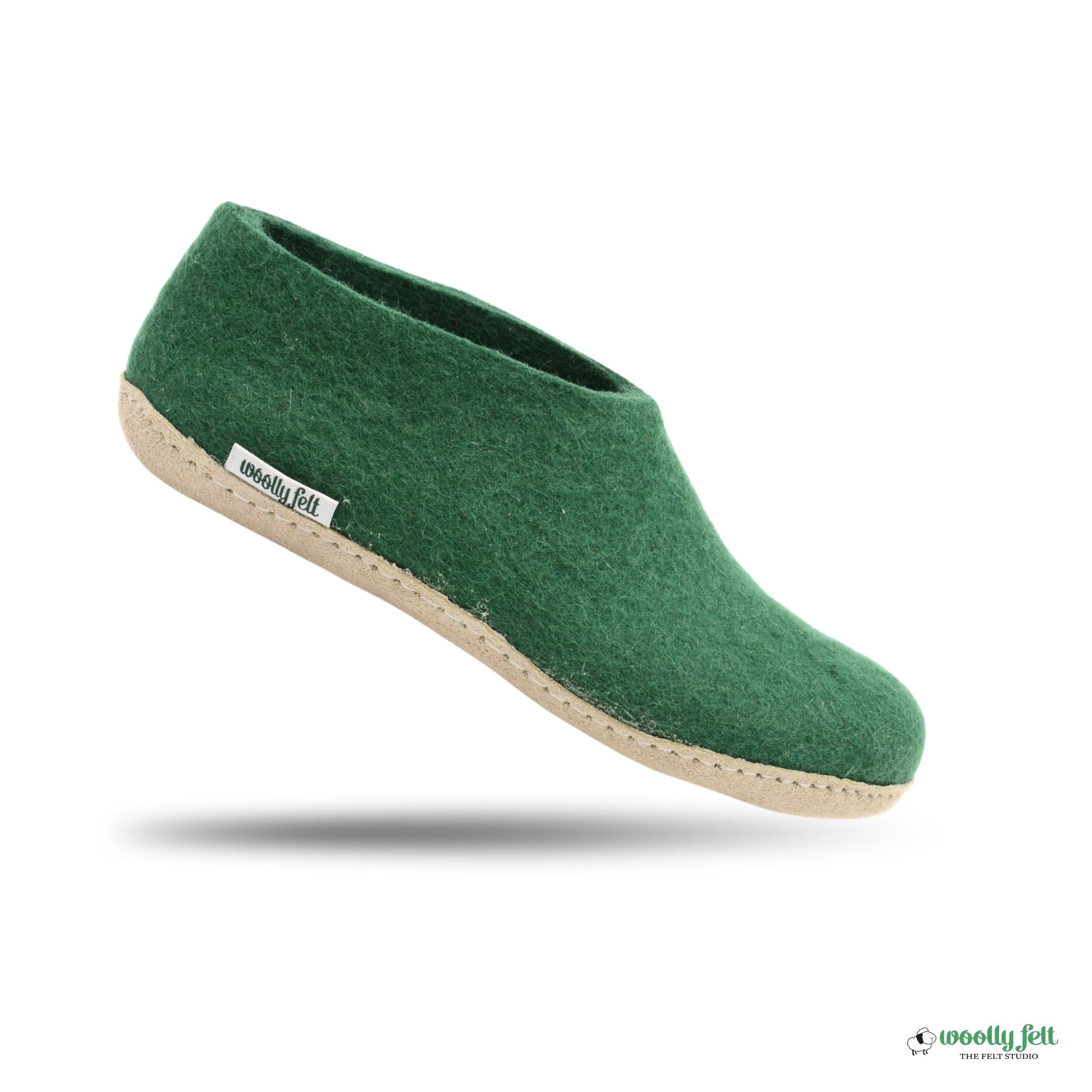 Forest Green Handmade Wool Felt Indoor Shoes with Leather Sole