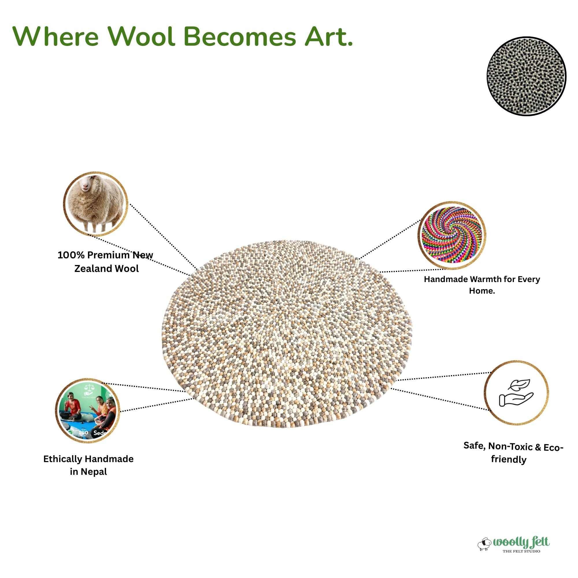 Handmade Neutral Felt Ball Wool Round Area Rug