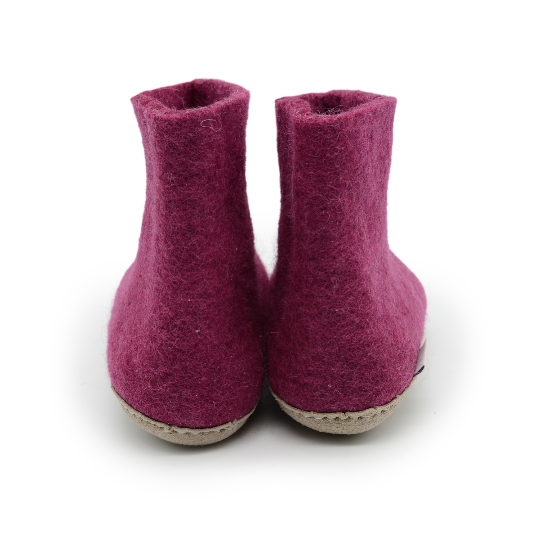 Chausson d'intérieur fait main en feutre de laine rose vif avec semelle en cuir
