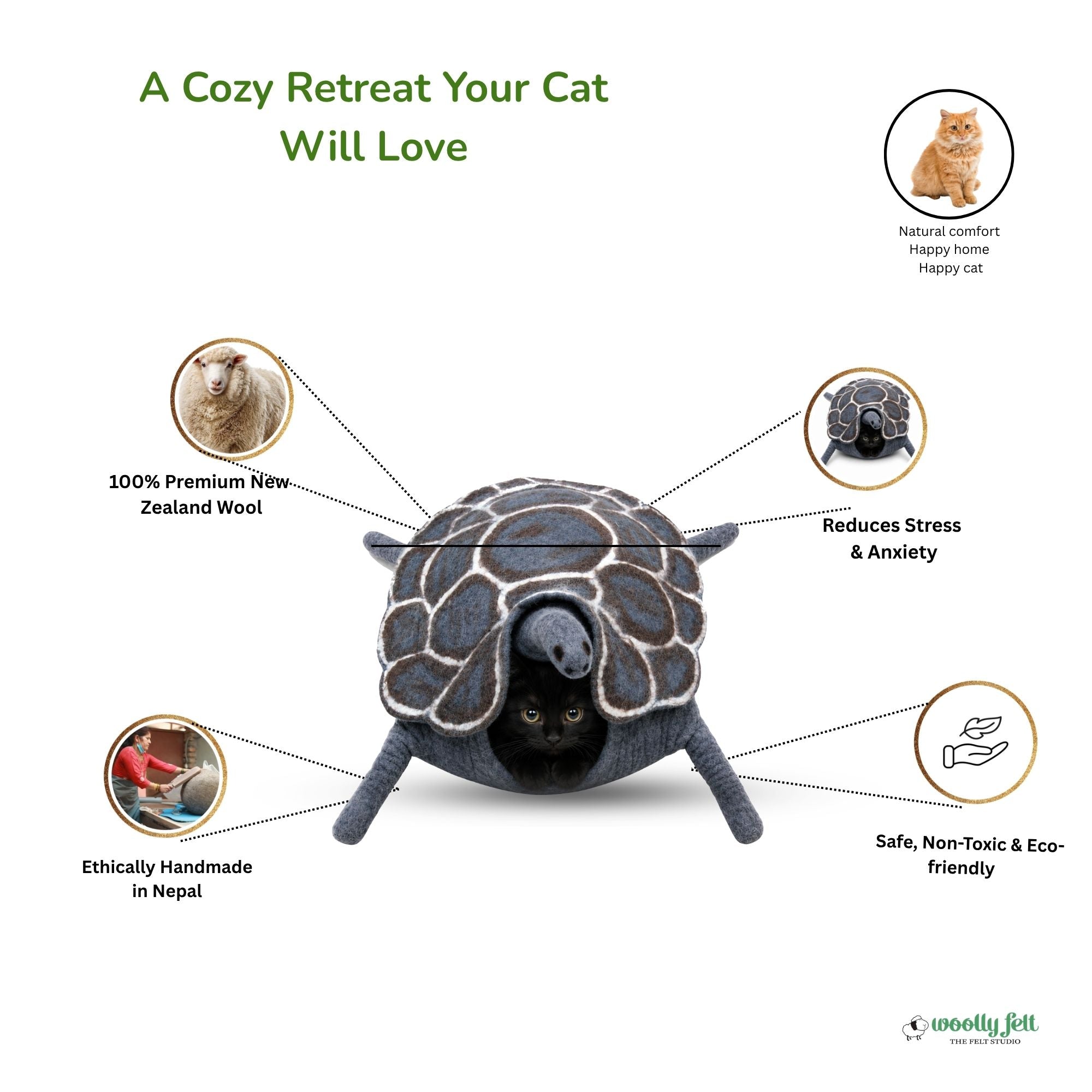 Turtle Felted Cat Cocoon | Wool Cat Cave Bed