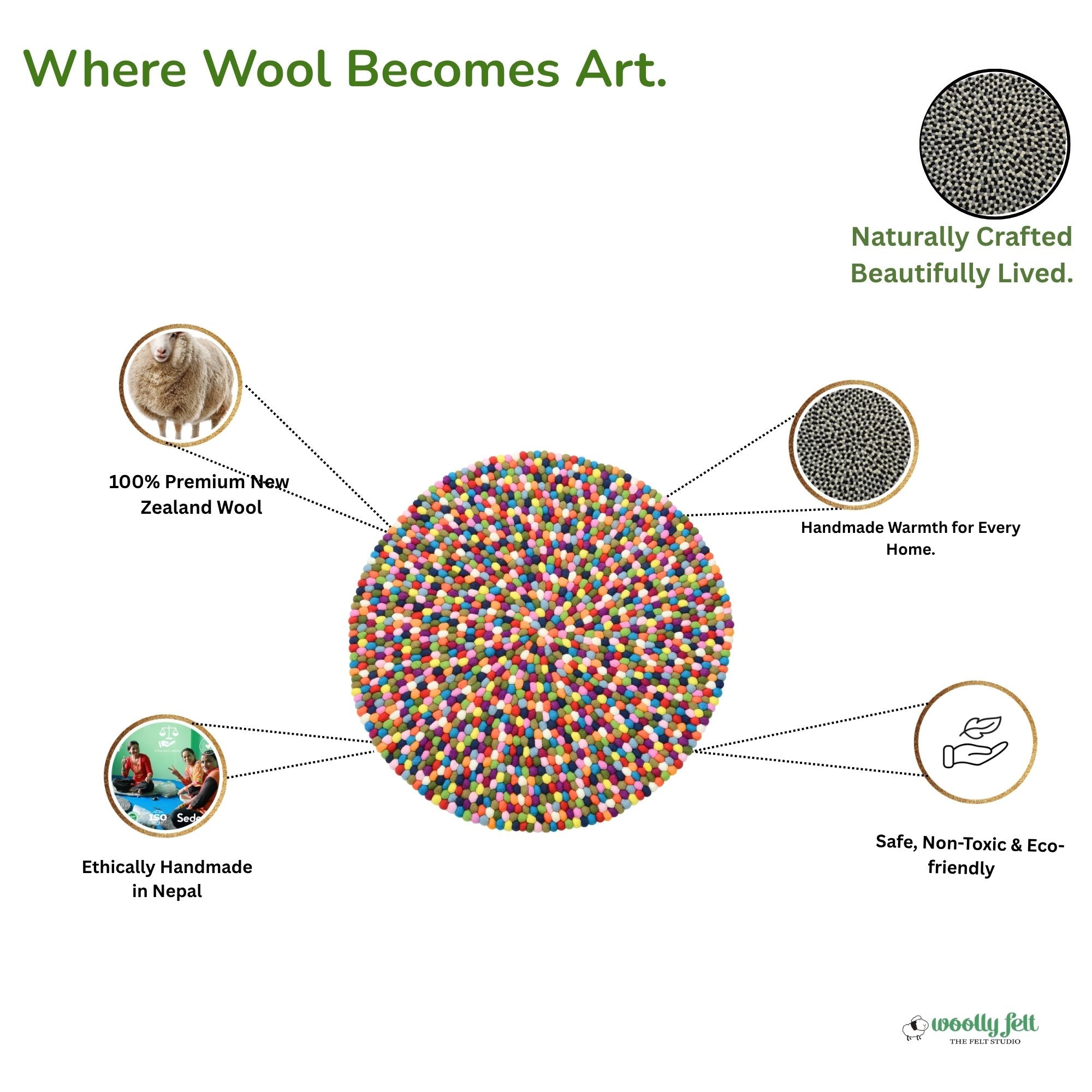 Handmade Multicolor Felt Ball Wool Round Area Rug