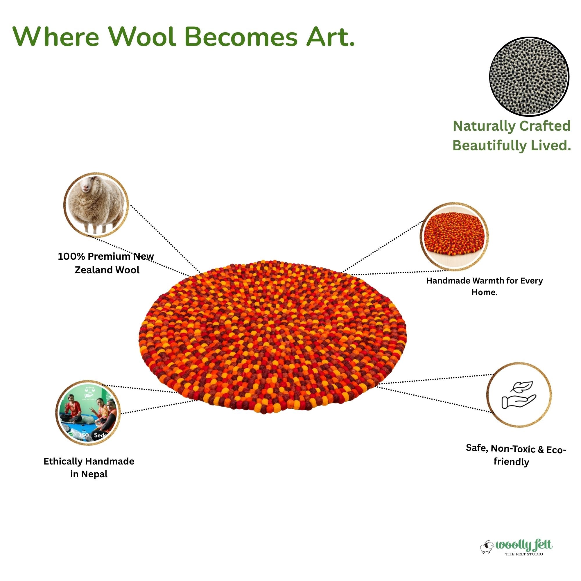 Handmade Red Mix Felt Ball Wool Round Area Rug