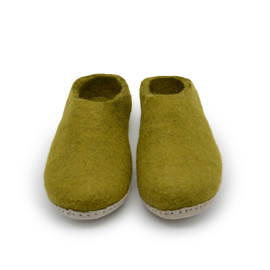 Olive Green Handmade Wool Felt Indoor Slipper with Leather Sole
