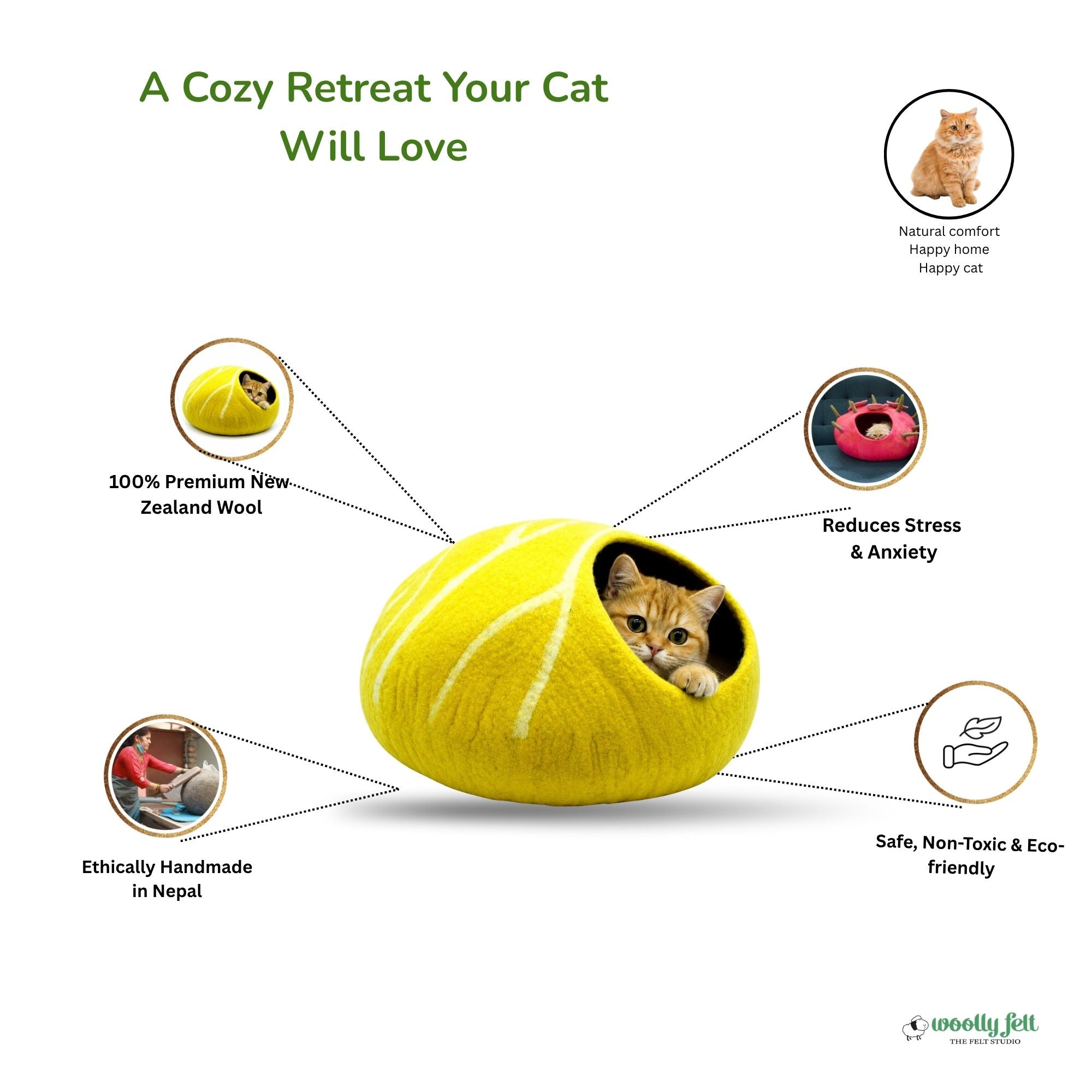 Tennis Ball Cat Bed – Soft Yellow Cat Cave for Indoor Cats