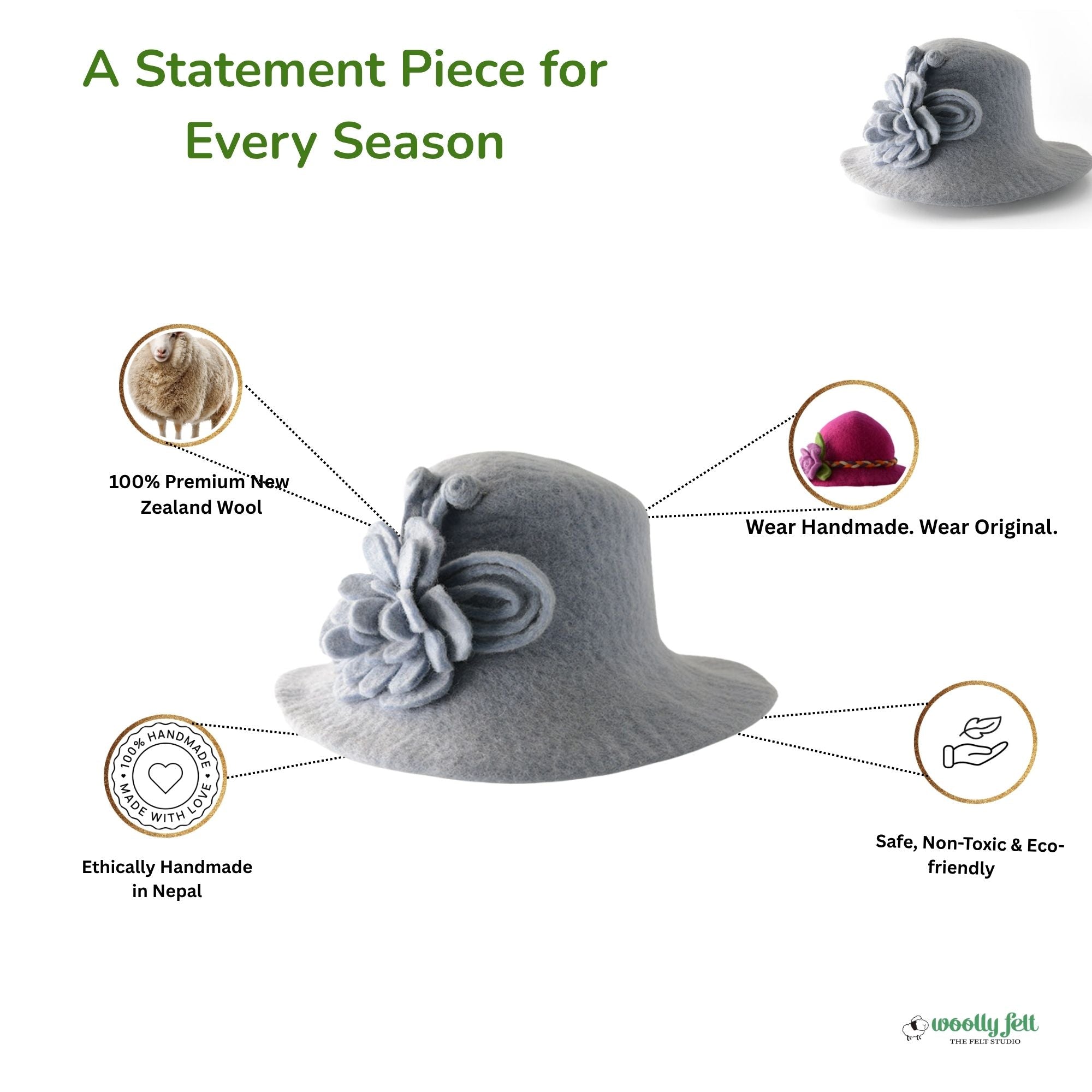 Charming Gray Wool Felt Hat with Floral Design