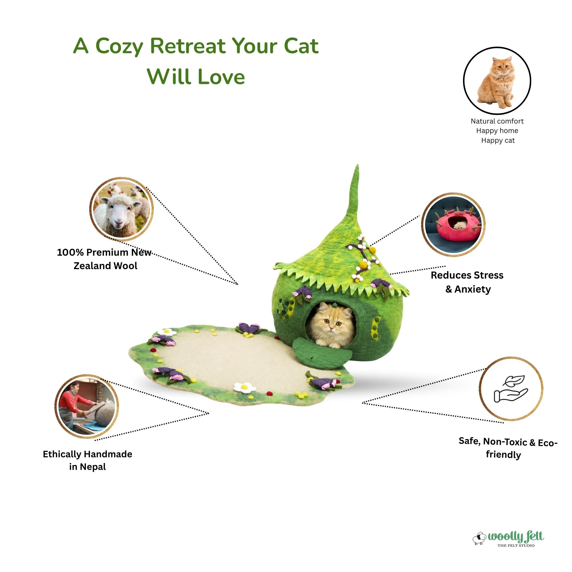 Grotte pour chat en feutre Green Berry avec tapis, lit pour chat en laine fait main