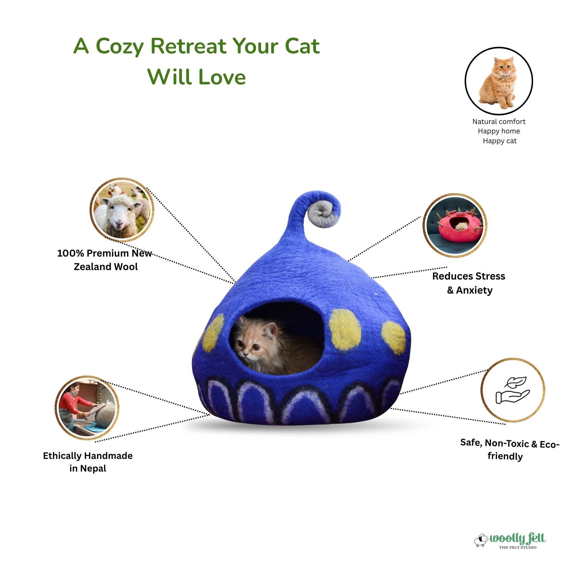 Blue Spiral Felt Cat Cave Handmade Wool Cat Bed