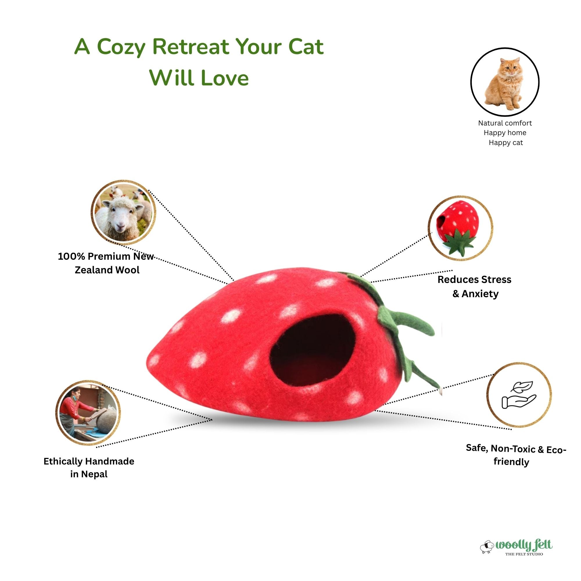 Niche pour chat en feutre fraise, lit pour chat fait main en laine