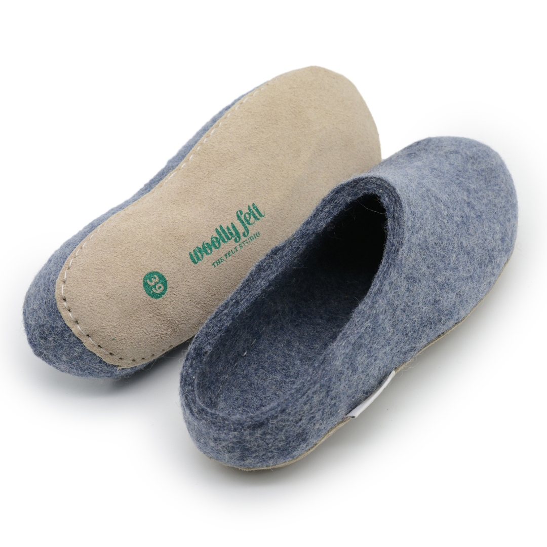 Denim Blue Handmade Wool Felt Indoor Slipper with Leather Sole