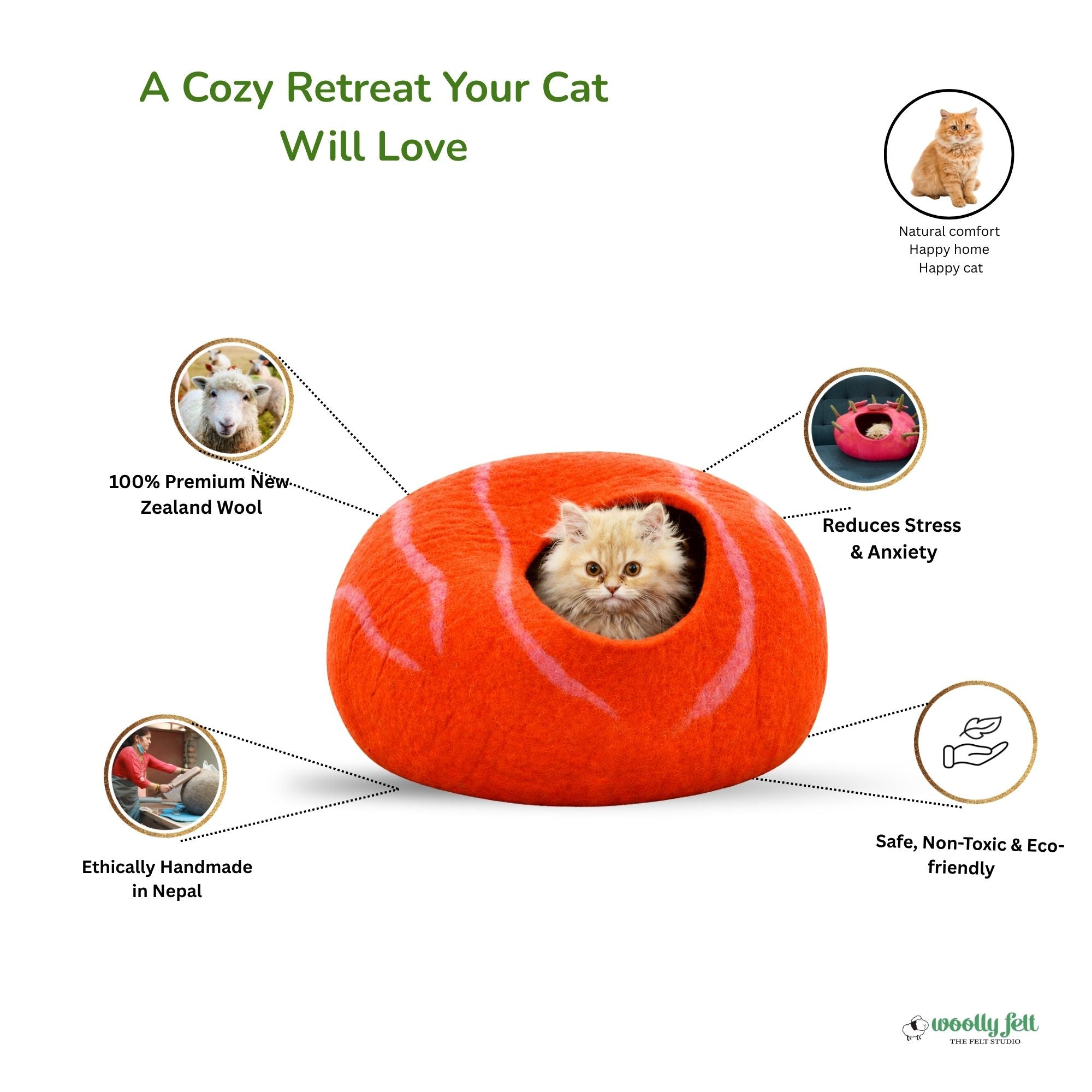 Handmade Orange Wool Cat Cave - Felted Pet Bed with Wavy Stripes