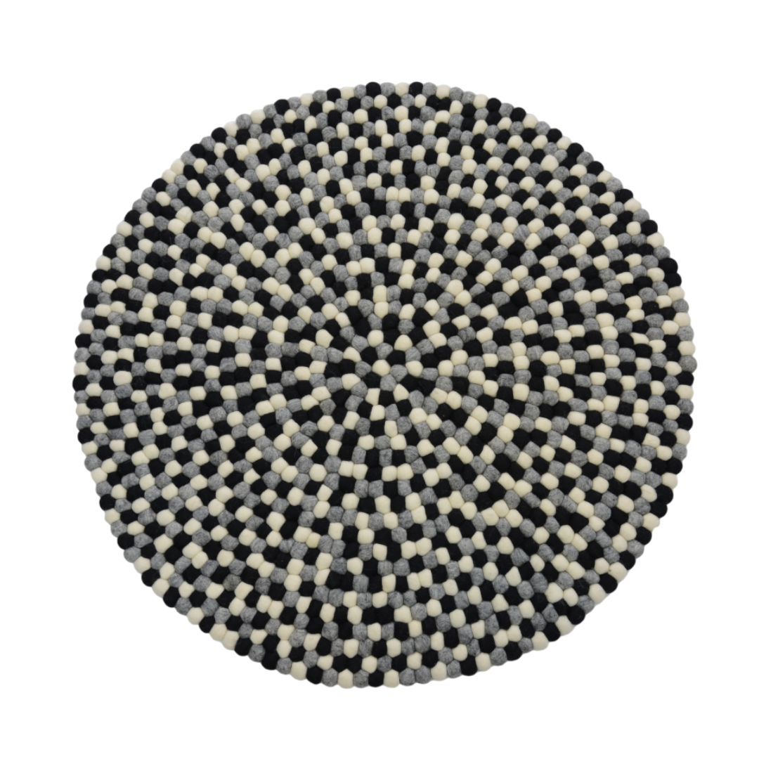 Tapis Rond Fait Main en Laine avec Boules de Feutre Noires et Blanches