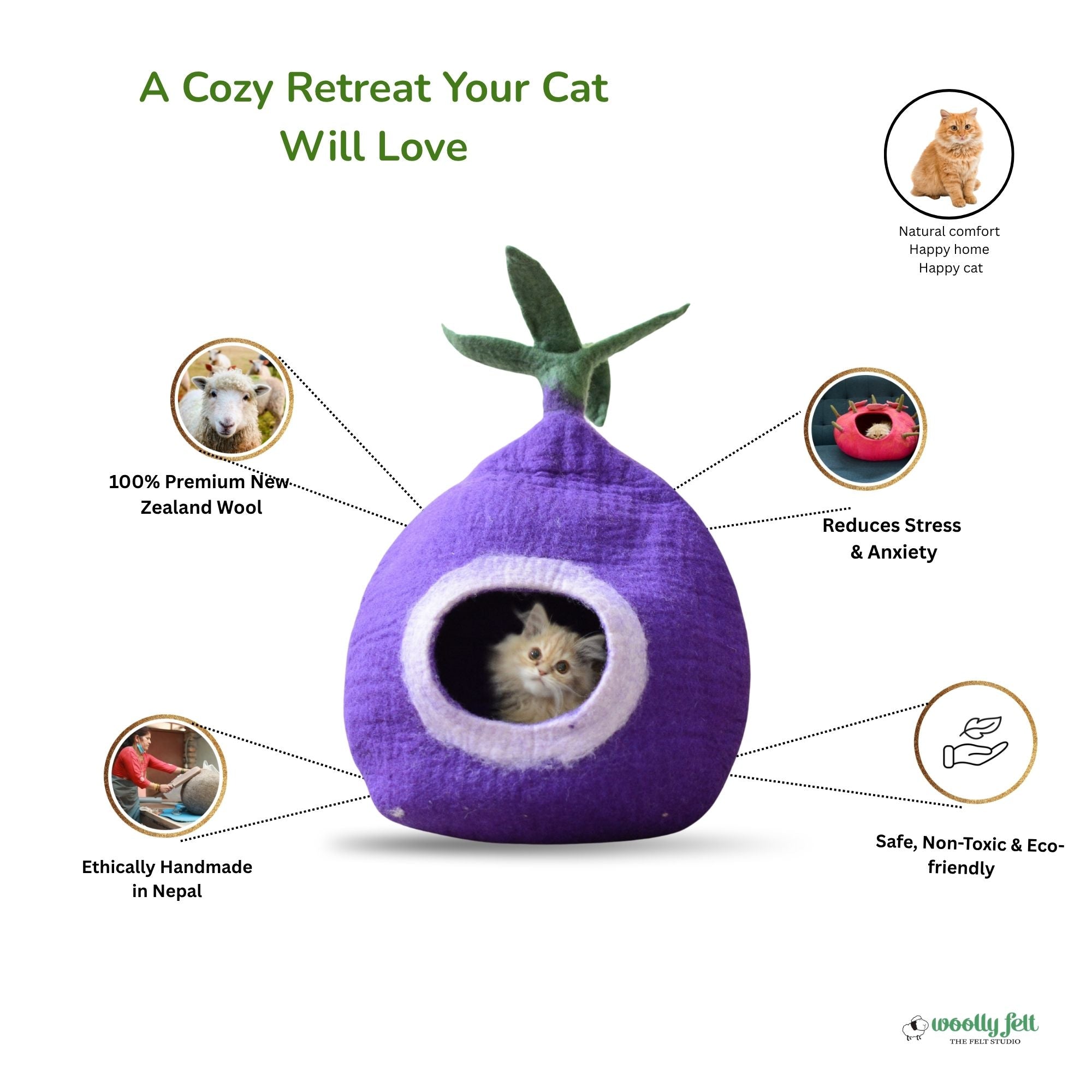 Radish Design Felt Cat Cave Handmade Wool Cat Bed
