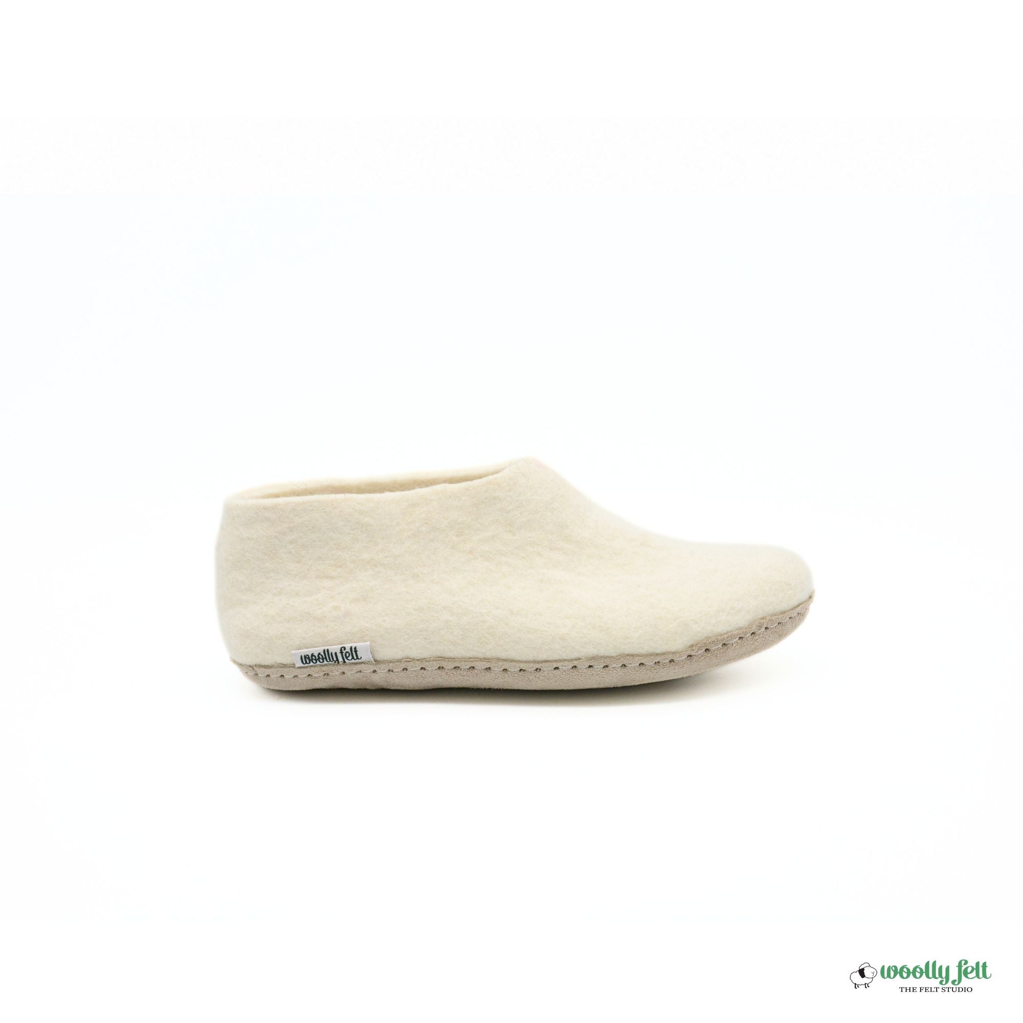 White Handmade Wool Felt Indoor Shoes with Leather Sole