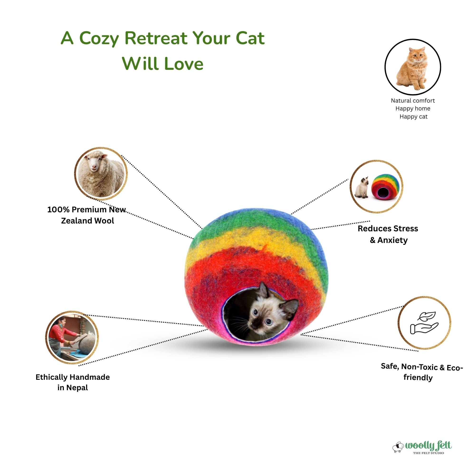 Rainbow Wool Felted Cat Cave – Cozy Pet Bed, Handmade in Nepal