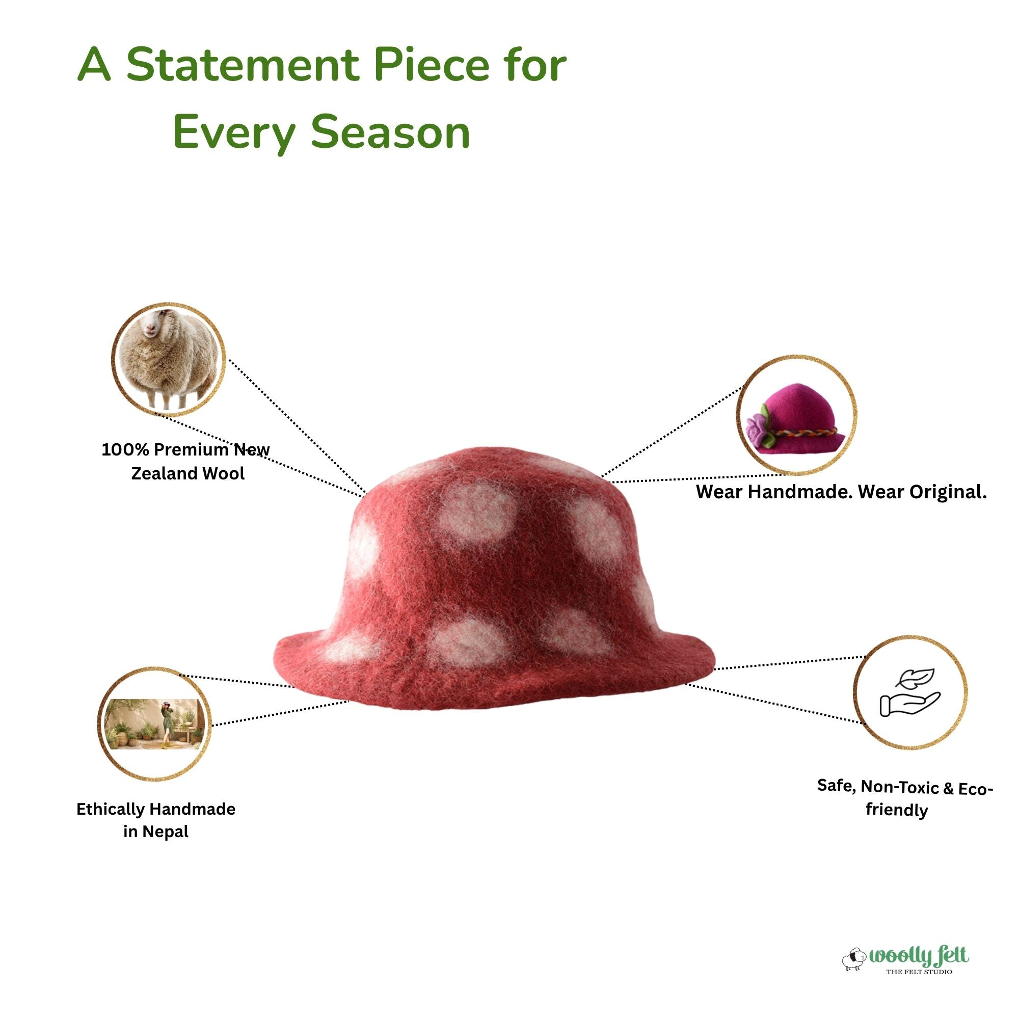Red Wool Felt Hat with White Dot Accents