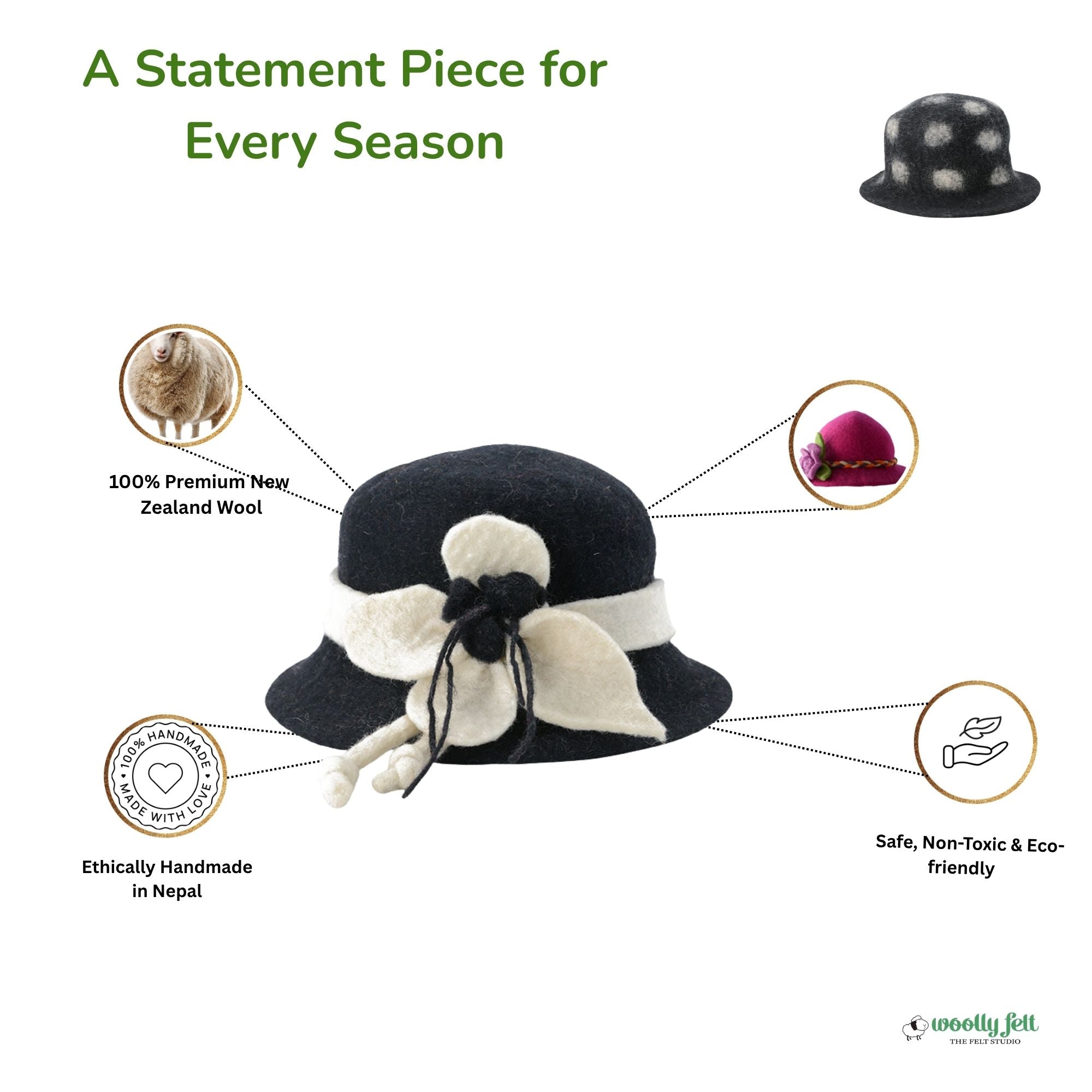 Black Floral Wool Felt Hat