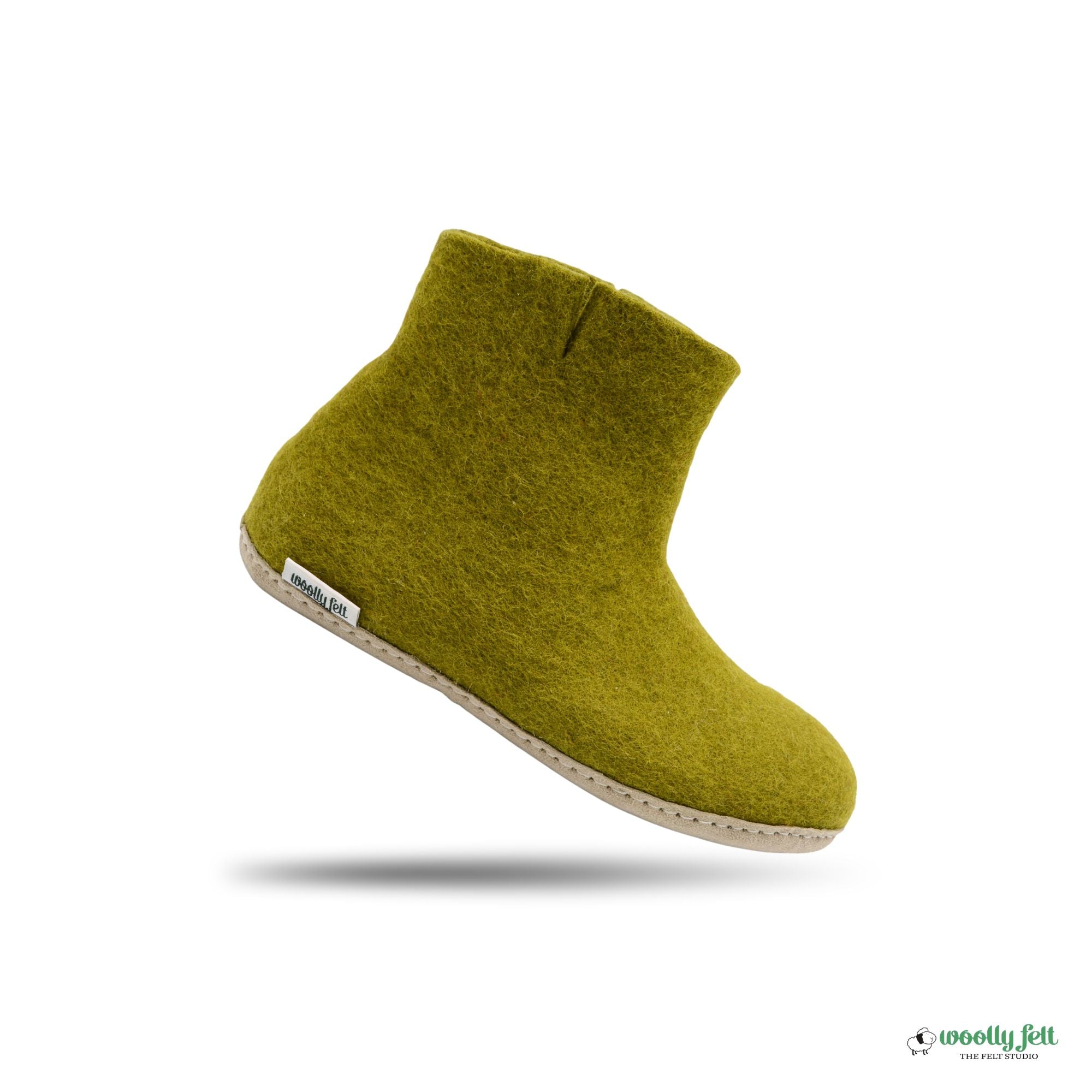 Olive Green Handmade Wool Felt Indoor Boot with Leather Sole