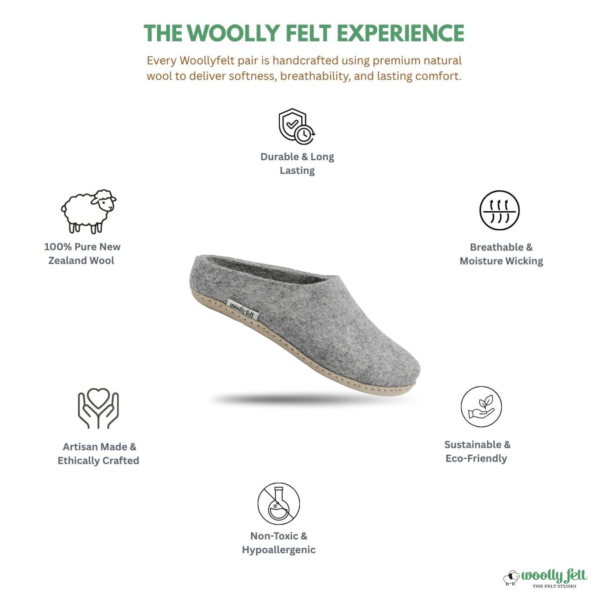 Natural Grey Handmade Wool Felt Indoor Slipper with Leather Sole