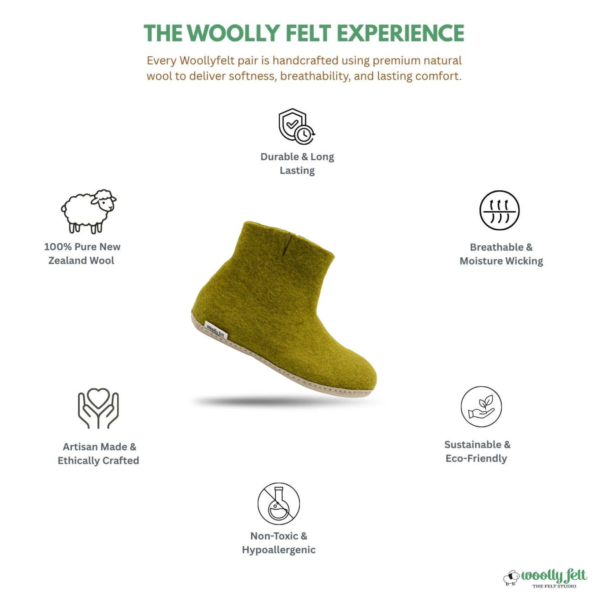 Olive Green Handmade Wool Felt Indoor Boot with Leather Sole