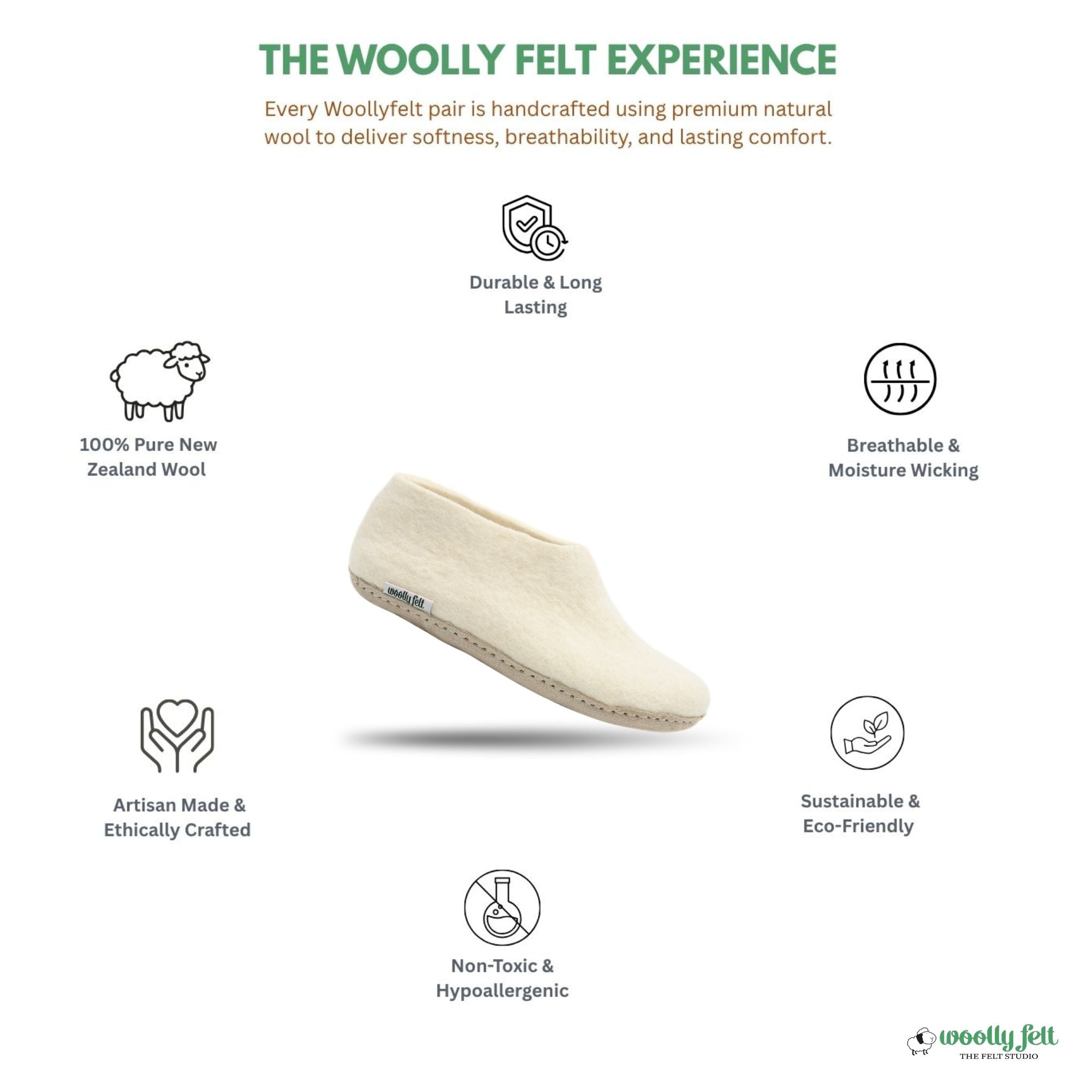White Handmade Wool Felt Indoor Shoes with Leather Sole