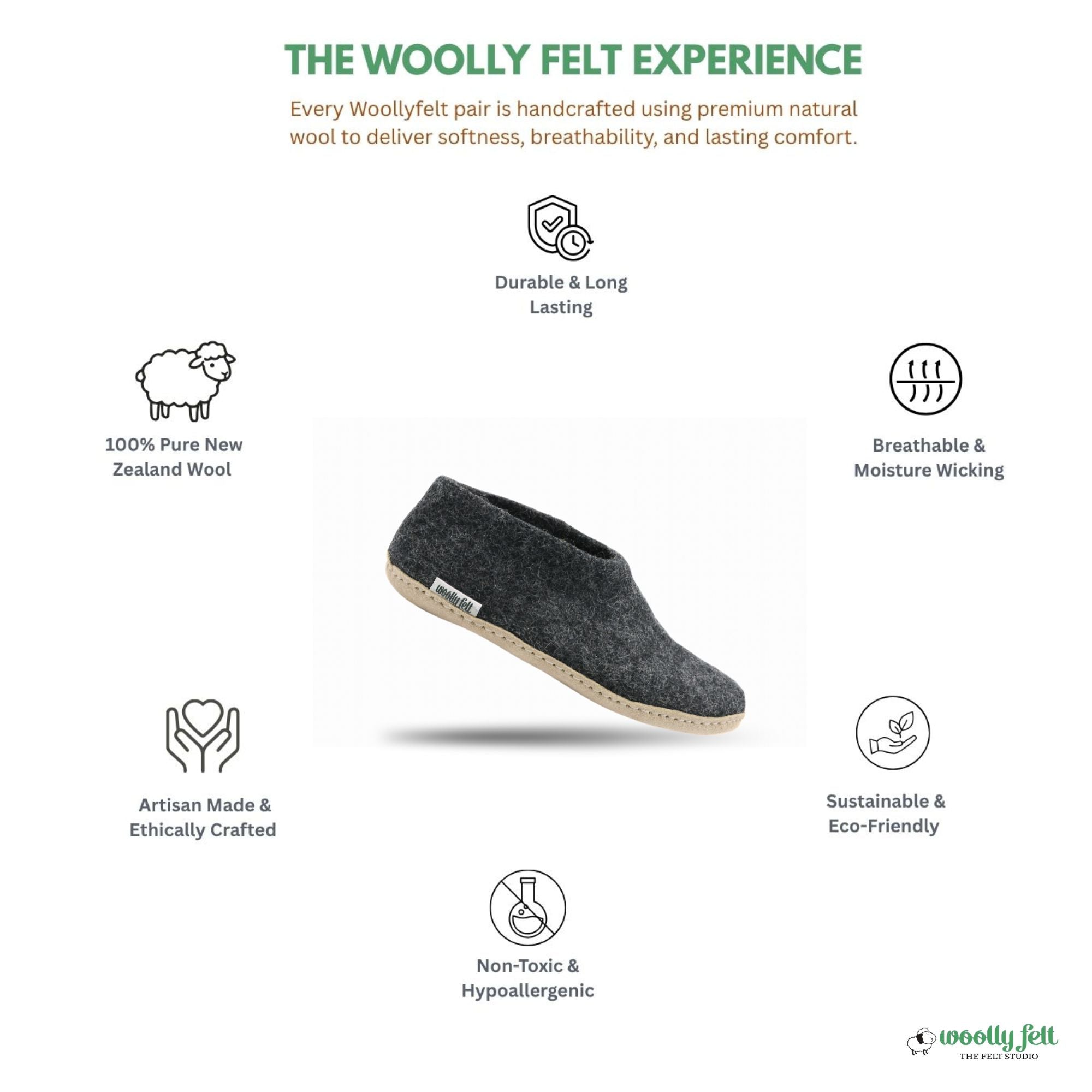 Charcoal Grey Handmade Wool Felt Indoor Shoes with Leather Sole