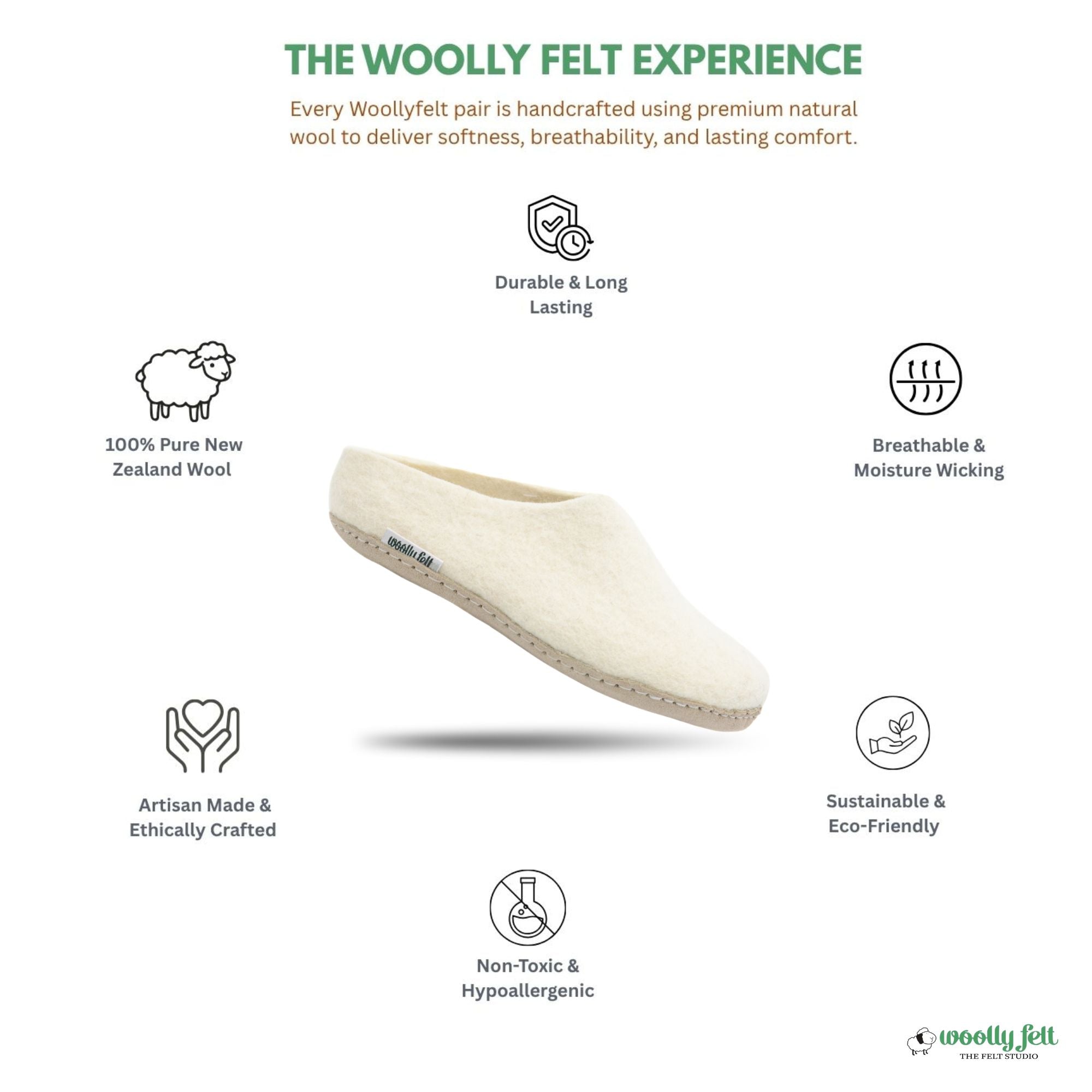 White Handmade Wool Felt Indoor Slipper with Leather Sole