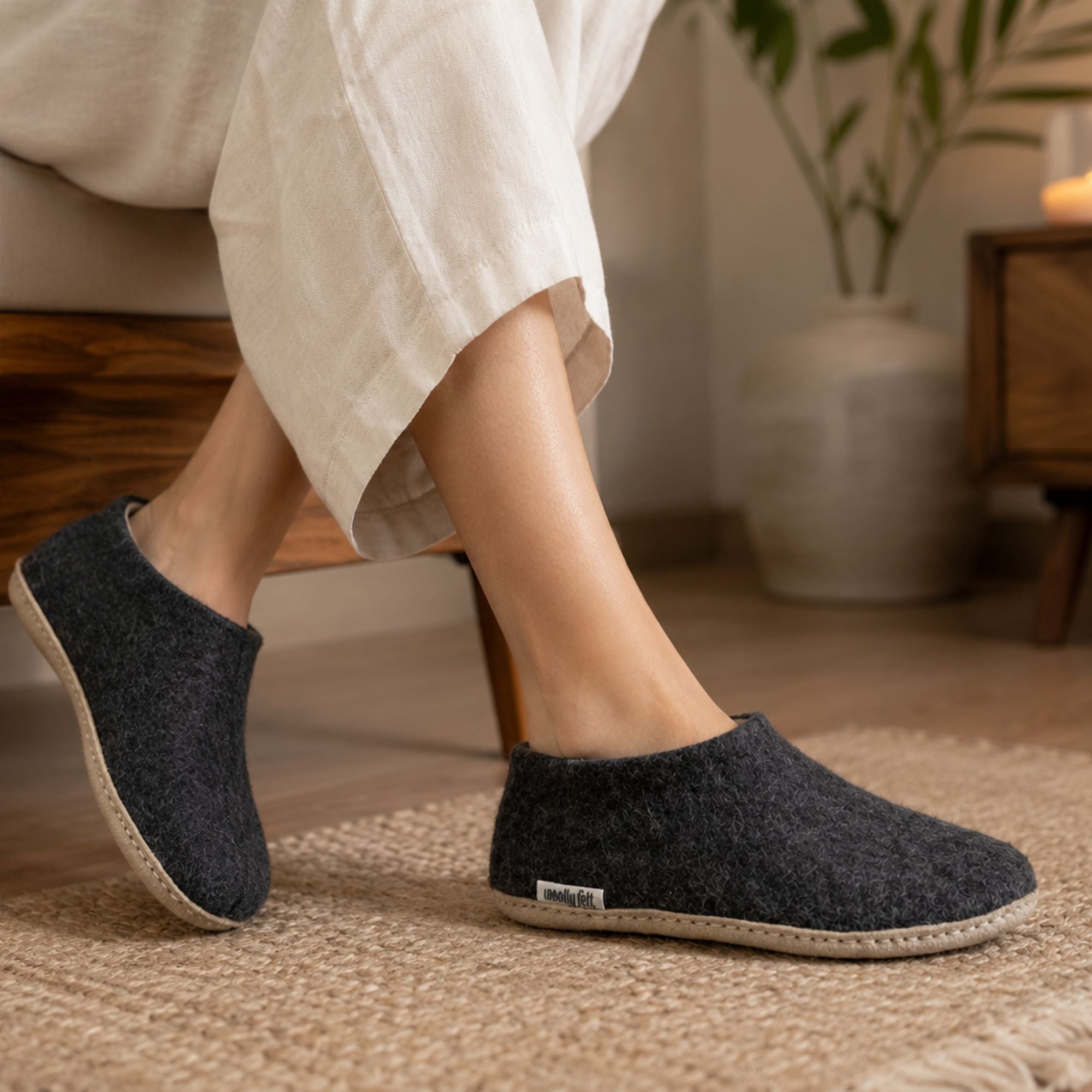 Charcoal Grey Handmade Wool Felt Indoor Shoes with Leather Sole