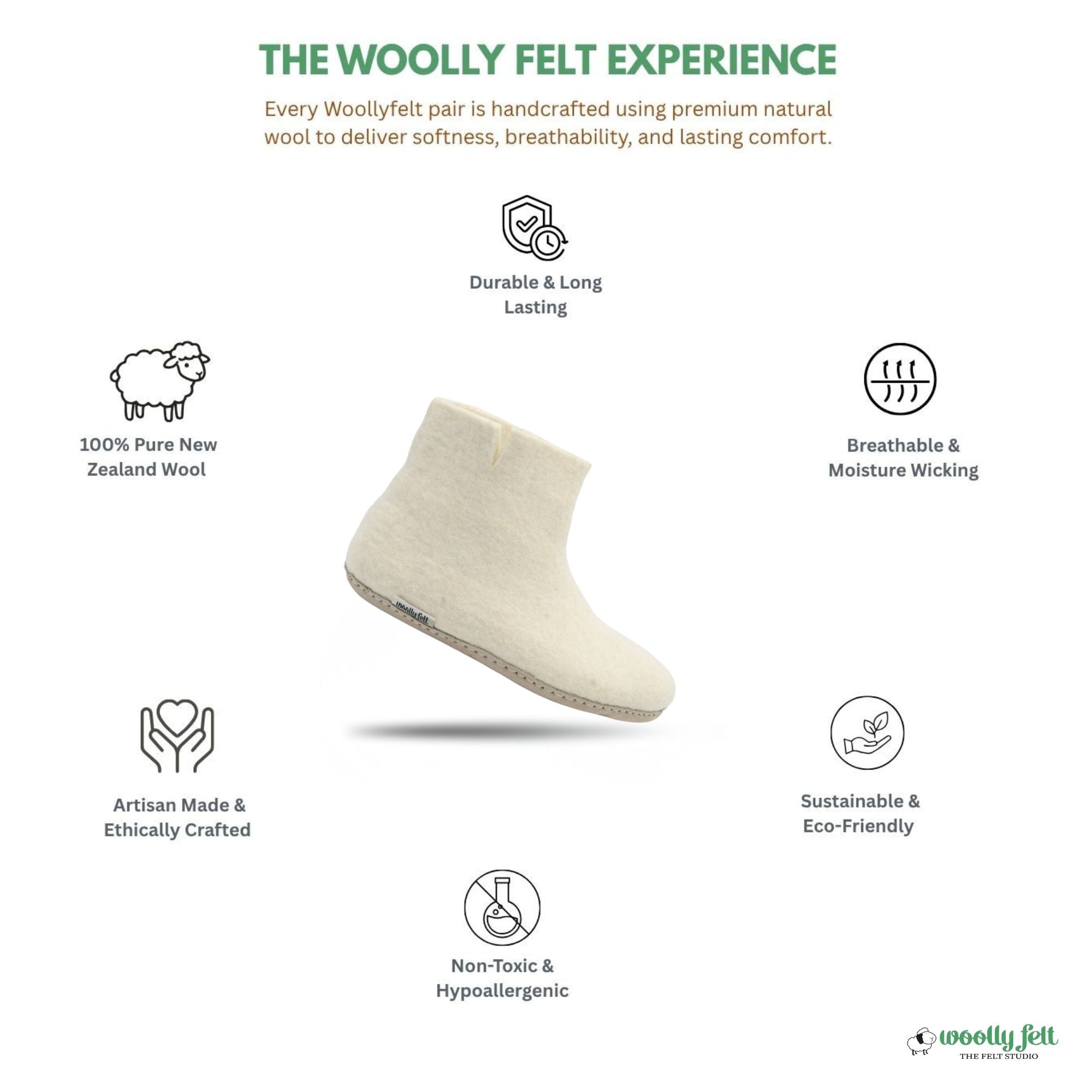 White Handmade Wool Felt Indoor Boot with Leather Sole