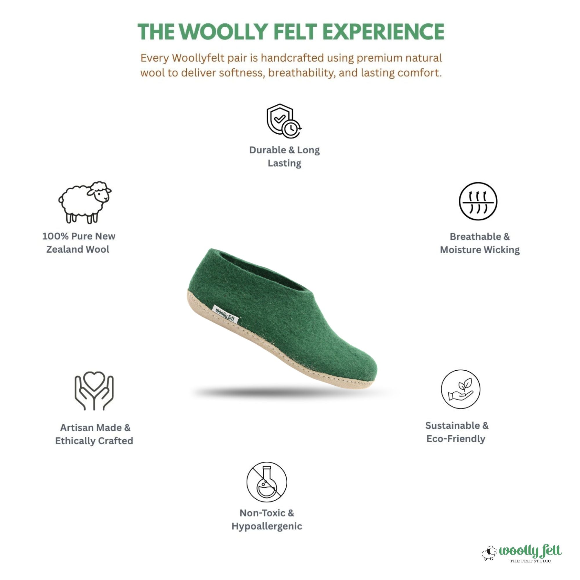 Forest Green Handmade Wool Felt Indoor Shoes with Leather Sole