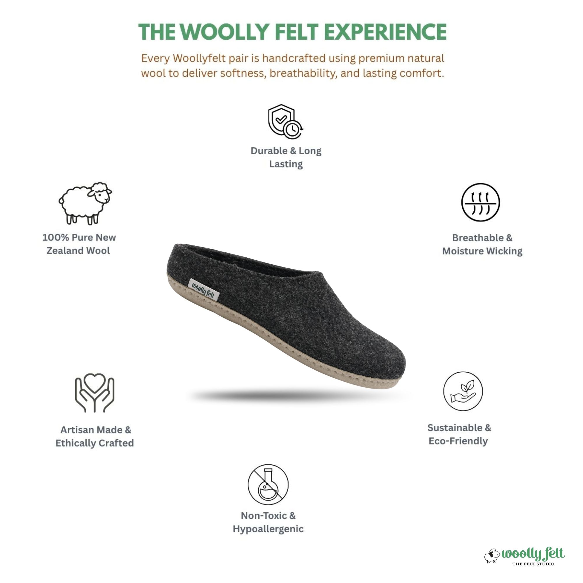 Charcoal Grey Handmade Wool Felt Indoor Slipper with Leather Sole