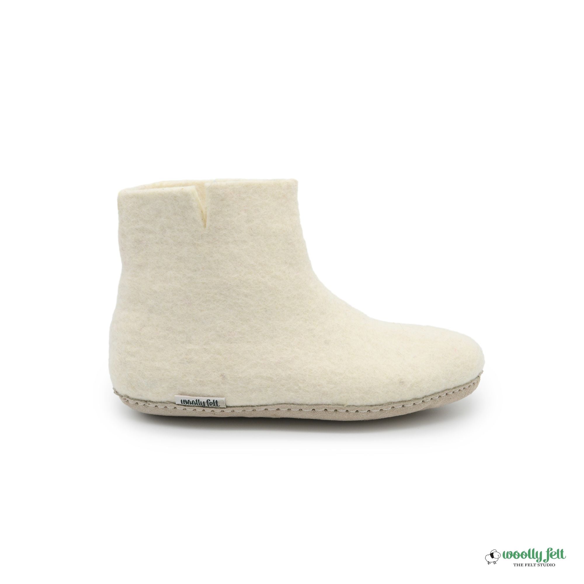 White Handmade Wool Felt Indoor Boot with Leather Sole