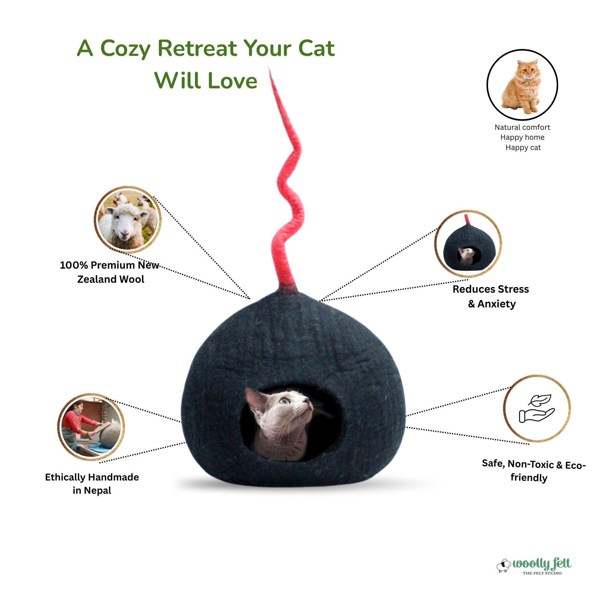 Niche pour chat en feutre noir avec queue rouge, lit douillet pour chat, pod pour chat