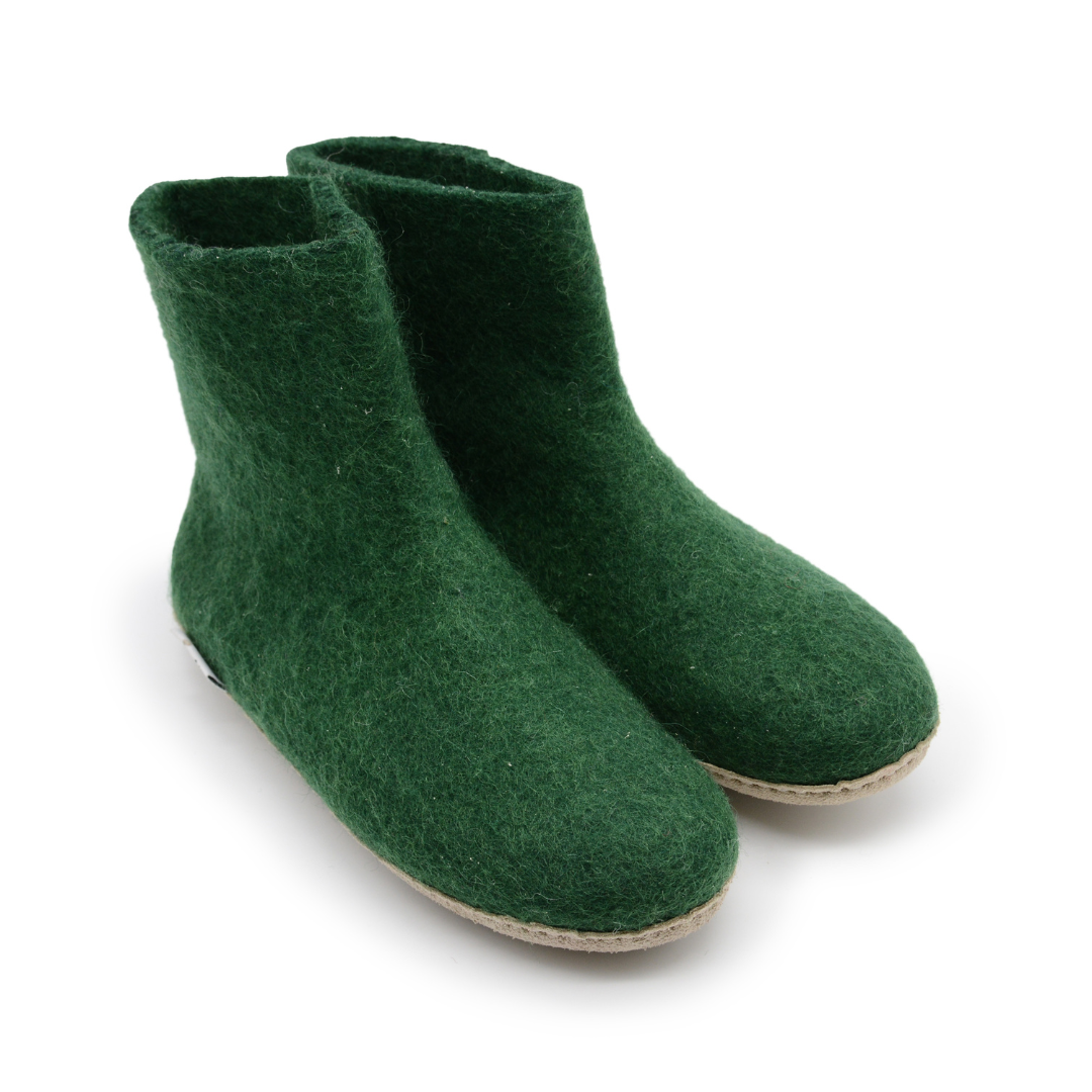 Forest Green Handmade Wool Felt Indoor Boot with Leather Sole