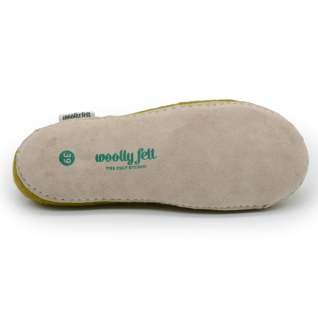 Olive Green Handmade Wool Felt Indoor Slipper with Leather Sole