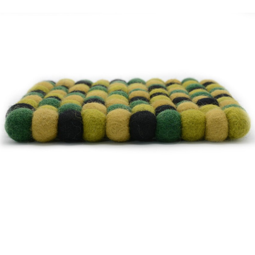 Handmade Green Mix Felt Ball Trivet Coaster Set Wool Pot Holder
