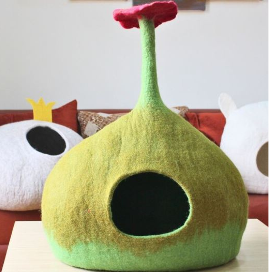 꽃무늬 상단 펠트 고양이 동굴 이중 차양 양모 고양이 침대 고양이 집
