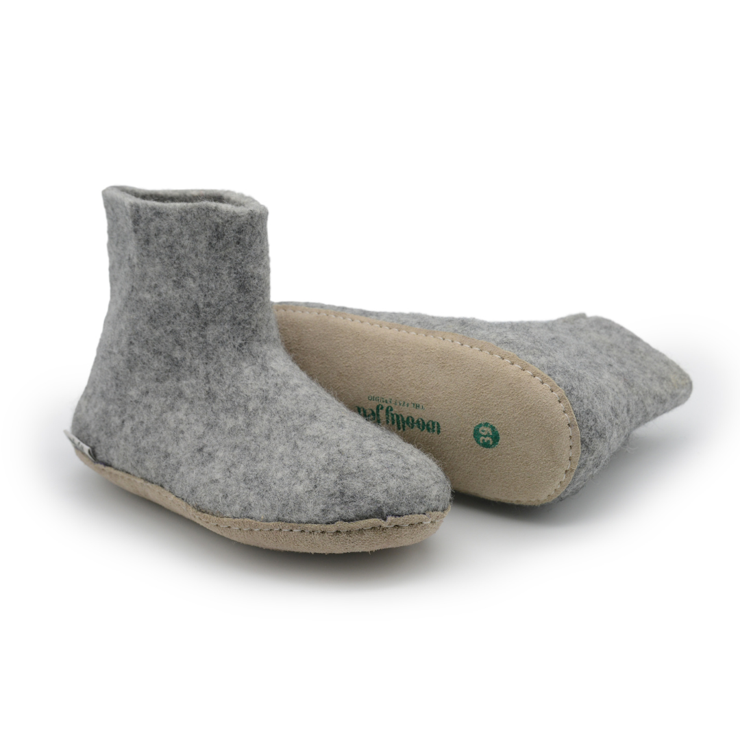 Natural Grey Handmade Wool Felt Indoor Boot with Leather Sole
