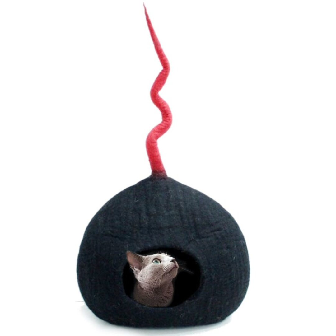 Cuccia per gatti in feltro nero con coda rossa, lettino per gatti in lana, contenitore per gatti