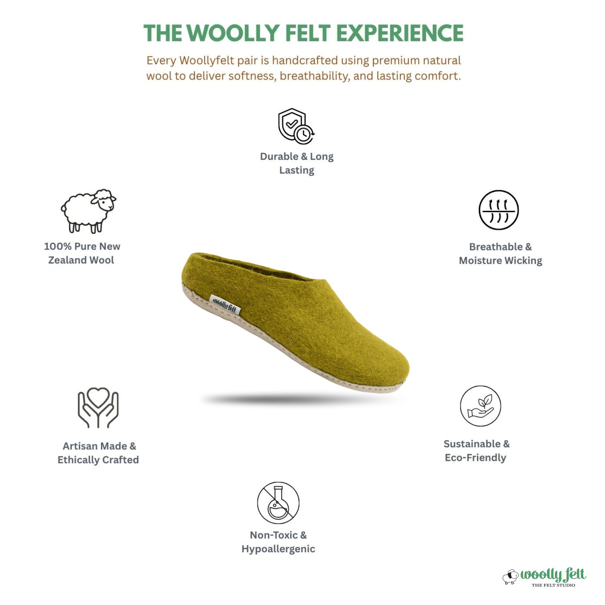 Olive Green Handmade Wool Felt Indoor Slipper with Leather Sole